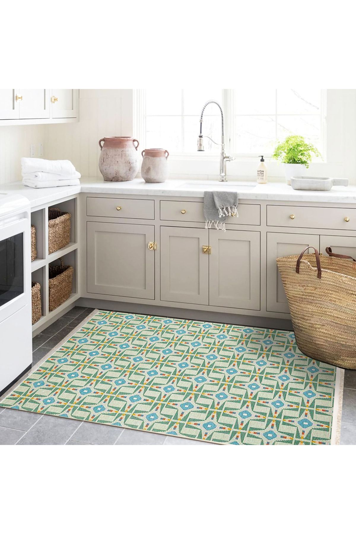 Paris Koleksiyonu Yeşil Mavi Tonlar Karma Şekil Motifleri Desenli Vintage Dekoratif Halı 161