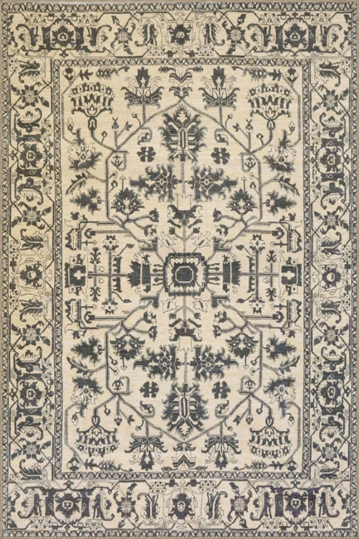 Geometrik Krem Botanik Çiçekli Baklavalı Desenli Dokuma Taban Halı ve Yıkanabilir Halı aloha95