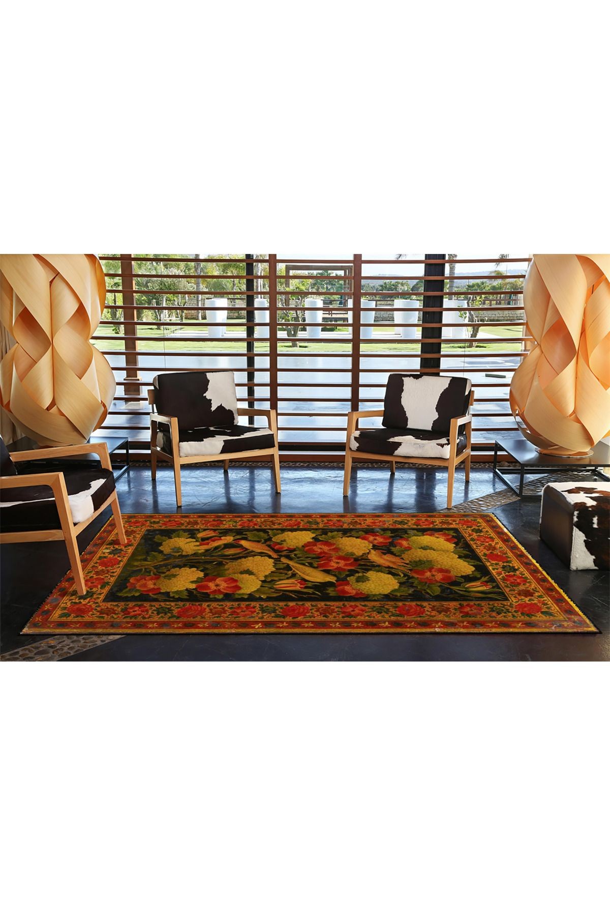 Turuncu Floral Geometrik Modern Dekoratif Halı miravip259