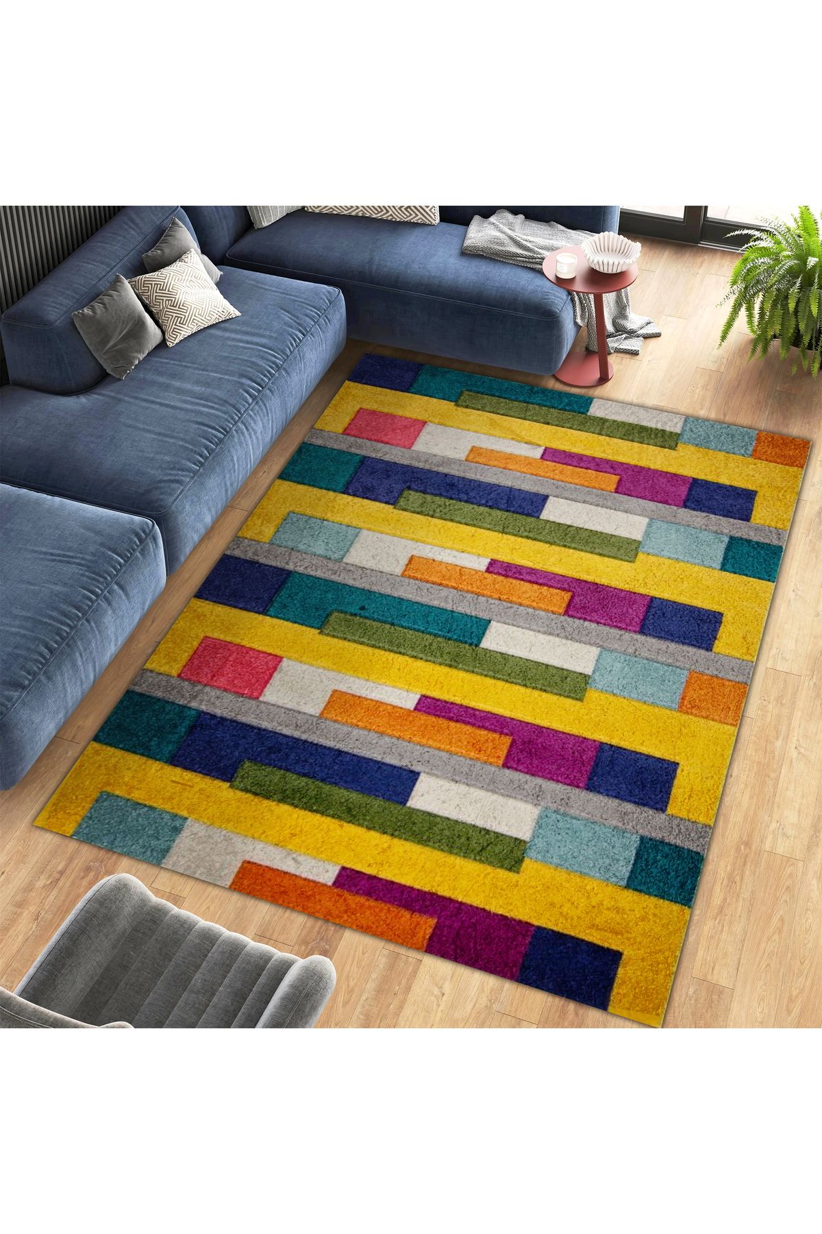 Kuzey Koleksiyonu Çok Renkli Şekiller Dokuma Taban Modern Dekoratif Halı kuzey33