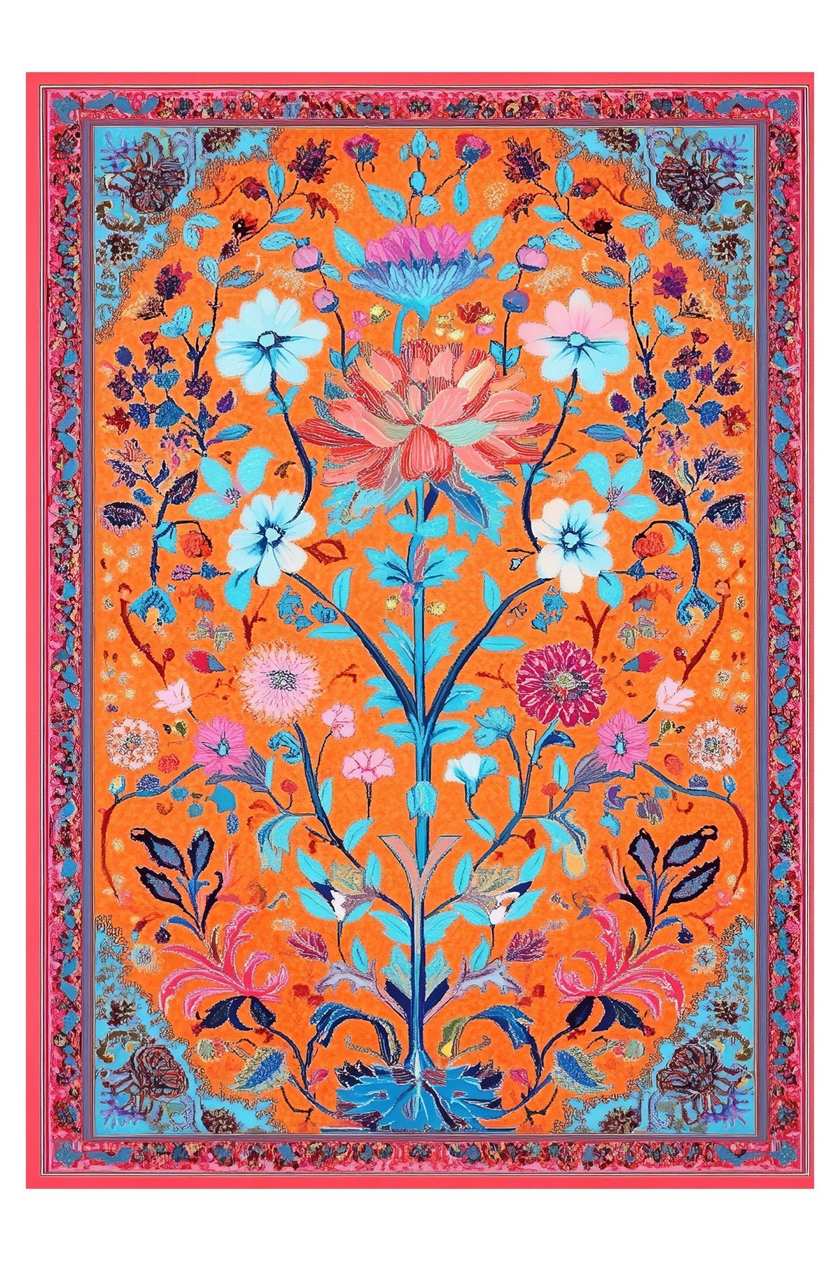 Nora Art 06 Turuncu Turkuaz Etnik Çiçekli Modern Dokuma Taban Dekoratif Salon Halısı