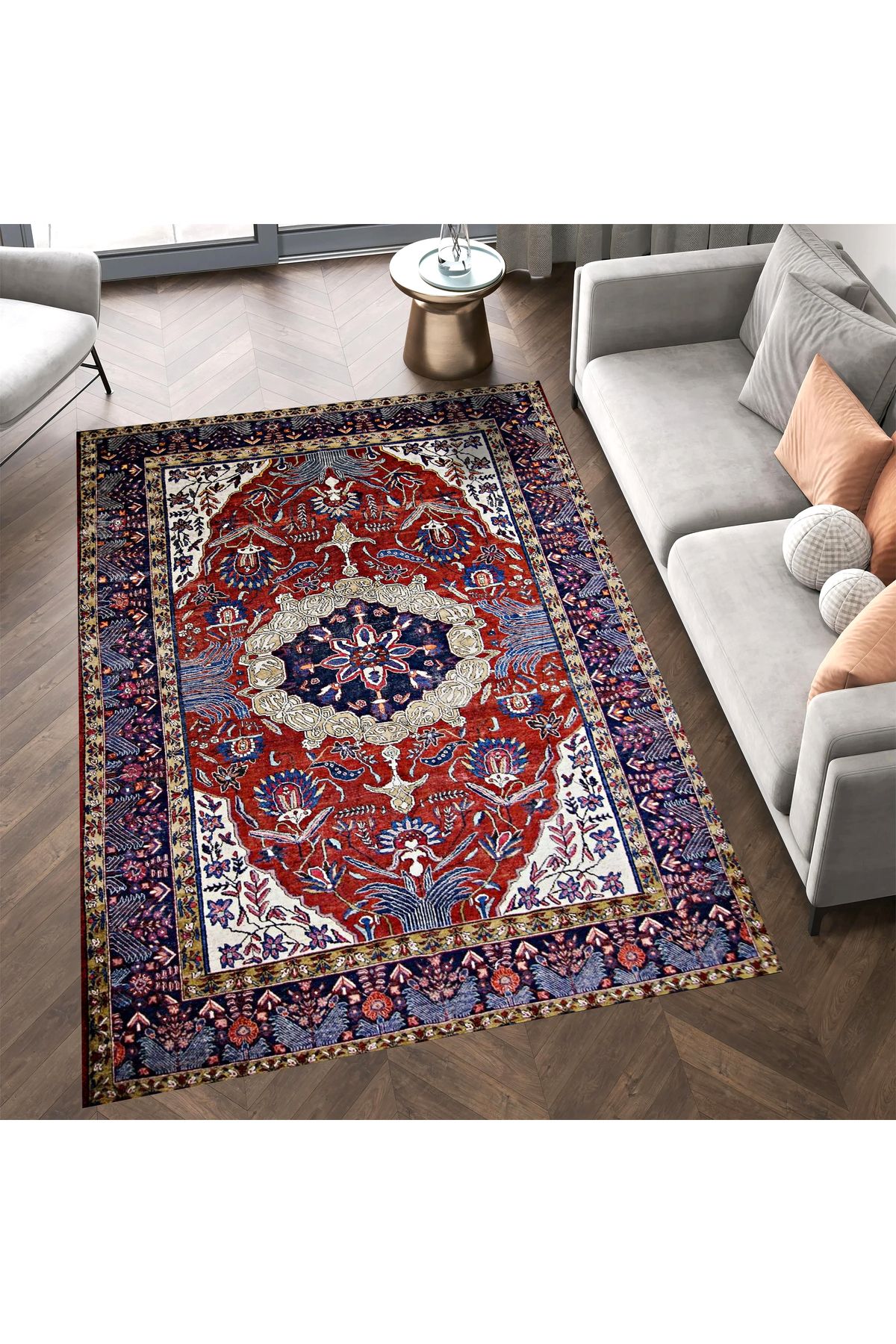 Mete Koleksiyonu Bordo Tema Geleneksel Motifli ve Çiçek Desenli Vintage Dekoratif Halı 10