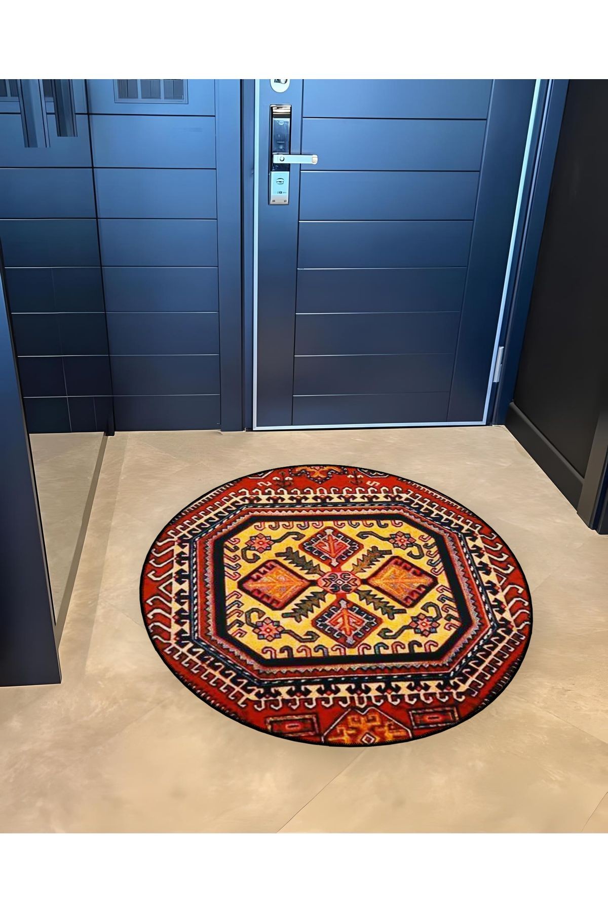 Bordo ve Sarı Tema Geleneksel Motif Desenli Yuvarlak Dokuma Taban Vintage Dekoratif Halı 6121