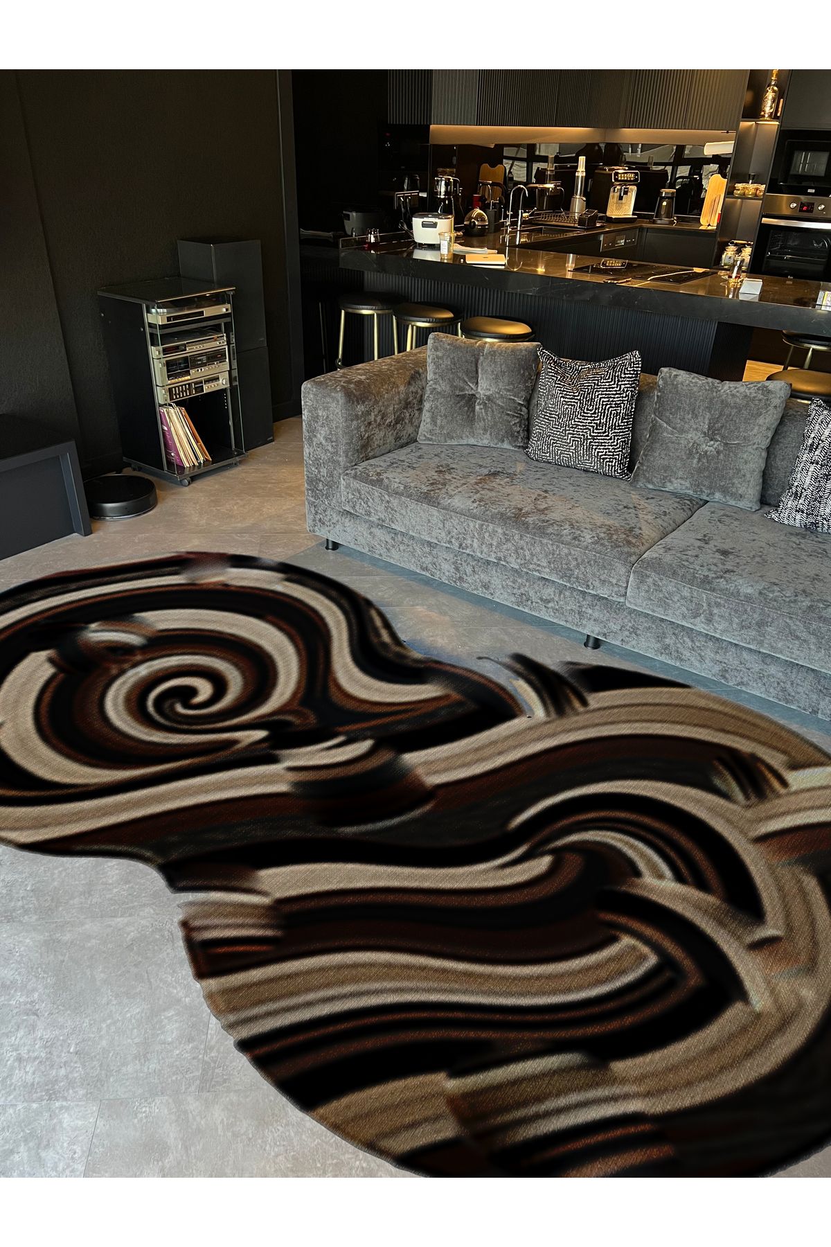 Shape Koleksiyonu Siyah Bej Tonlarda Soyut Desenli Dokuma Taban Modern Dekoratif Halı shape75