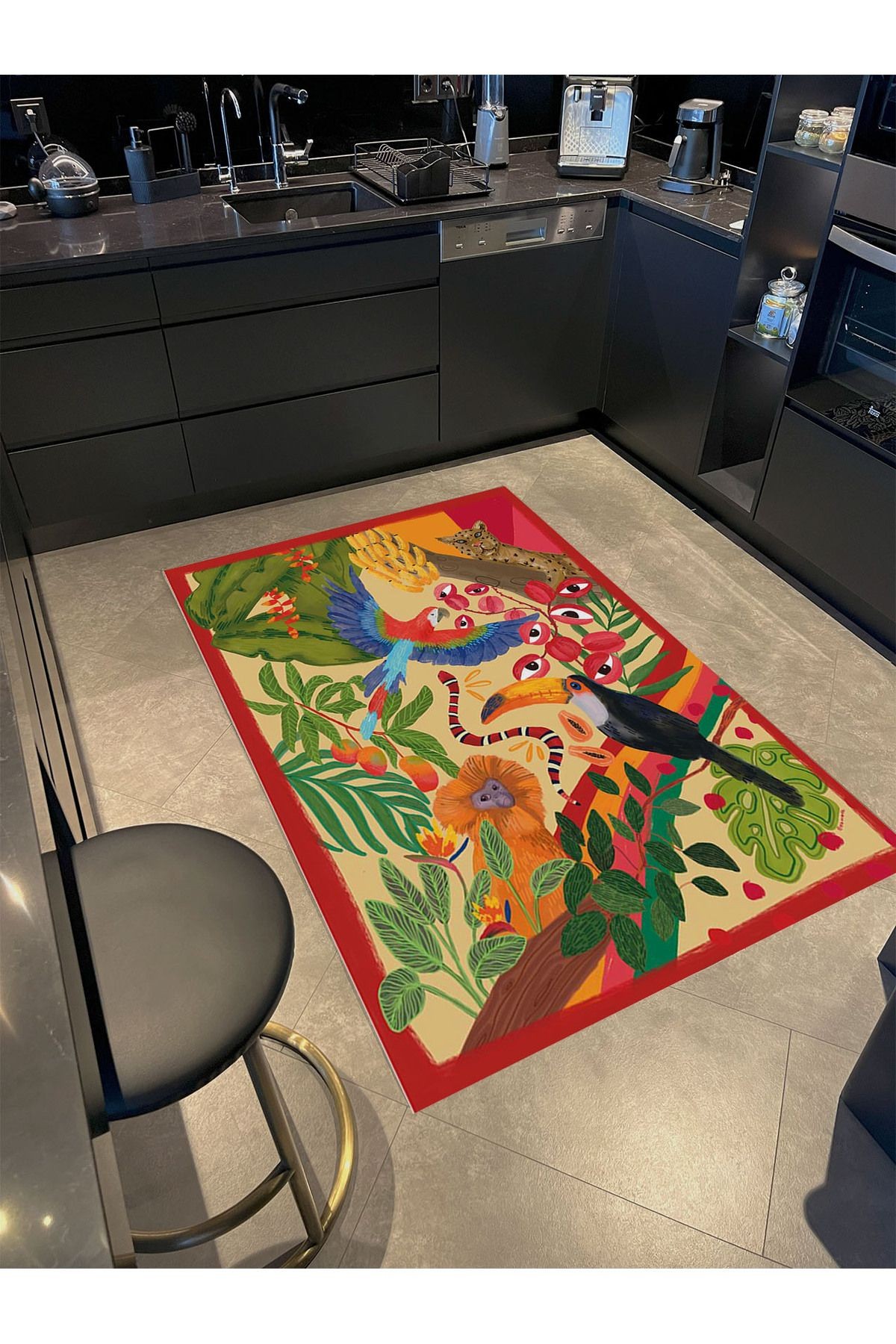 Ebru Koleksiyonu Çok Renkli Hayvanlar Detaylı Dokuma Taban Modern Dekoratif Halı ebru32
