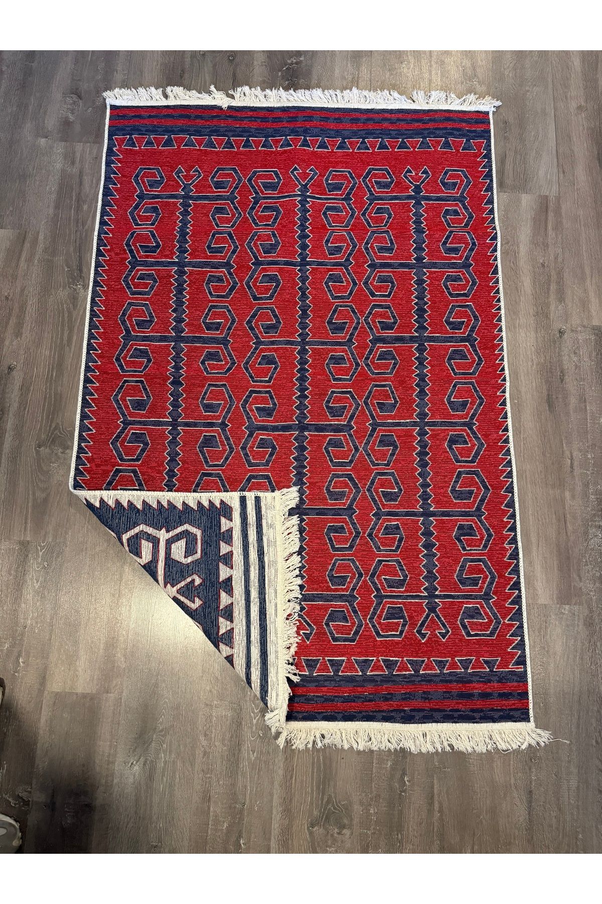 Alara Koleksiyonu Lacivert Kırmızı ve Lacivert Beyaz Çift Taraflı Pamuk Dokuma Saçaklı Kilim alara08