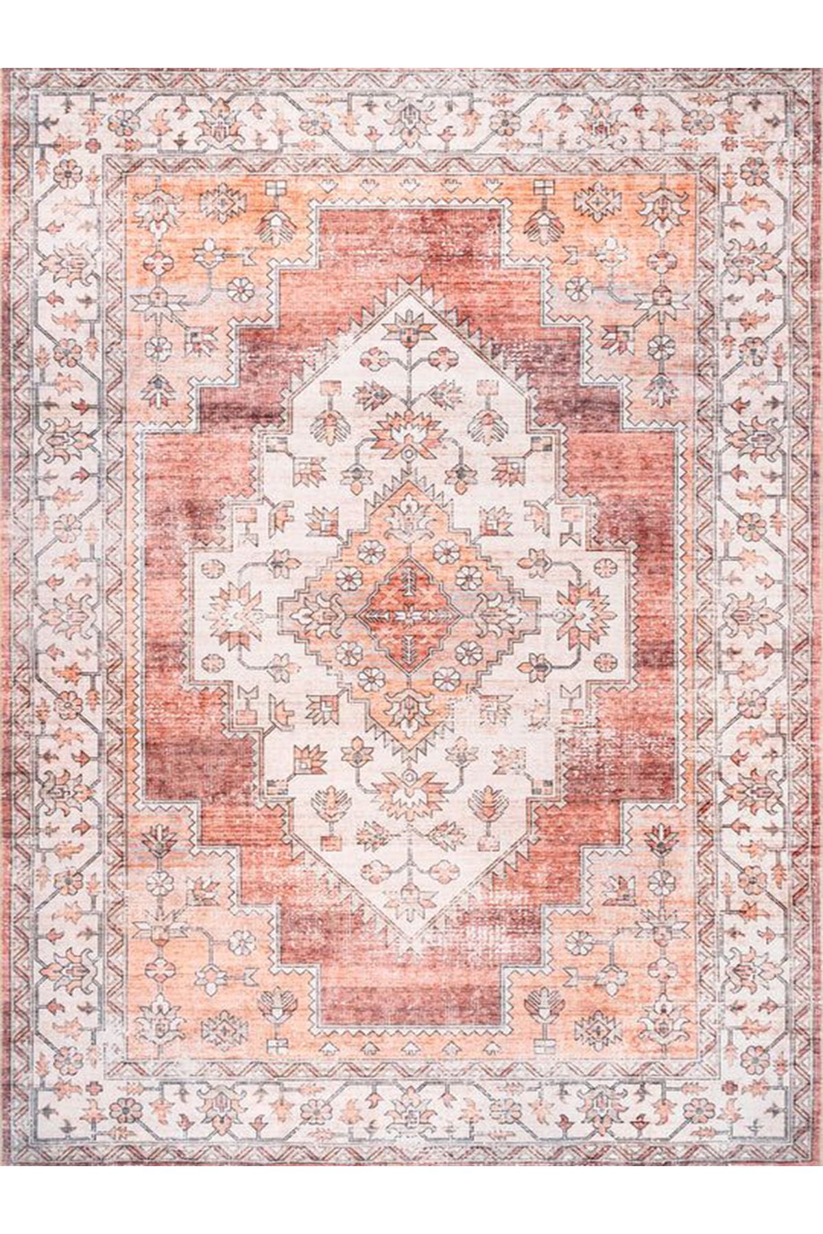 Asena Koleksiyonu Turuncu Tonlarda Geleneksel Motif Desenli Vintage Dekoratif Halı 24