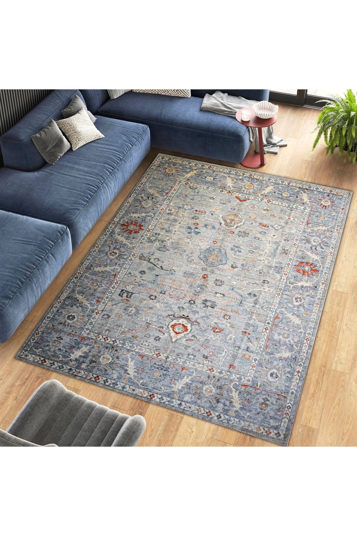 Mete Koleksiyonu Mavi Gri Tonlar Geleneksel Motif ve Çiçek Desenli Vintage Dekoratif Halı 37