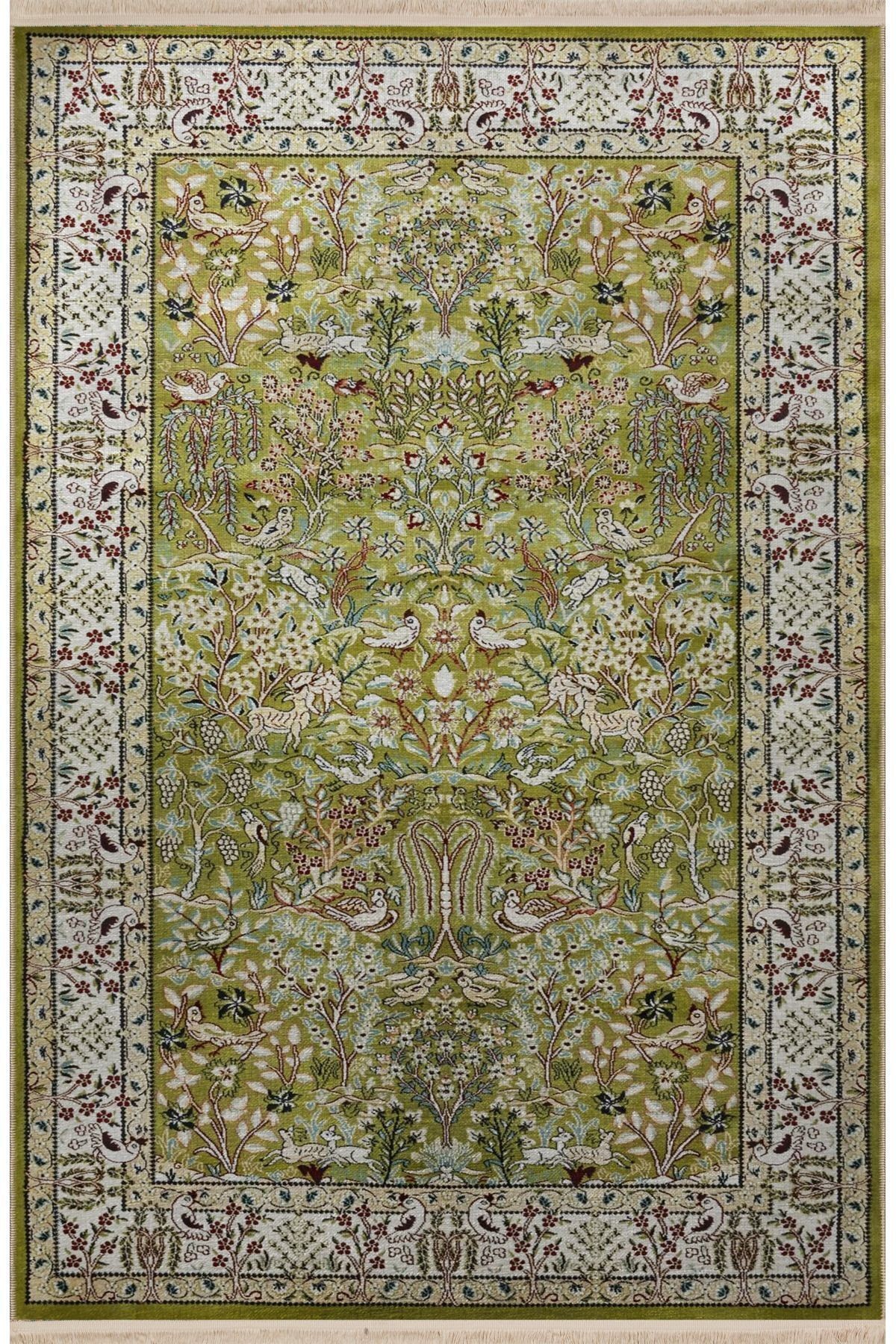 Yeşil Bej Temalı Geleneksel Motif Etnik Çiçek Desenli Kreatif Vintage Dekoratif Halı 2782