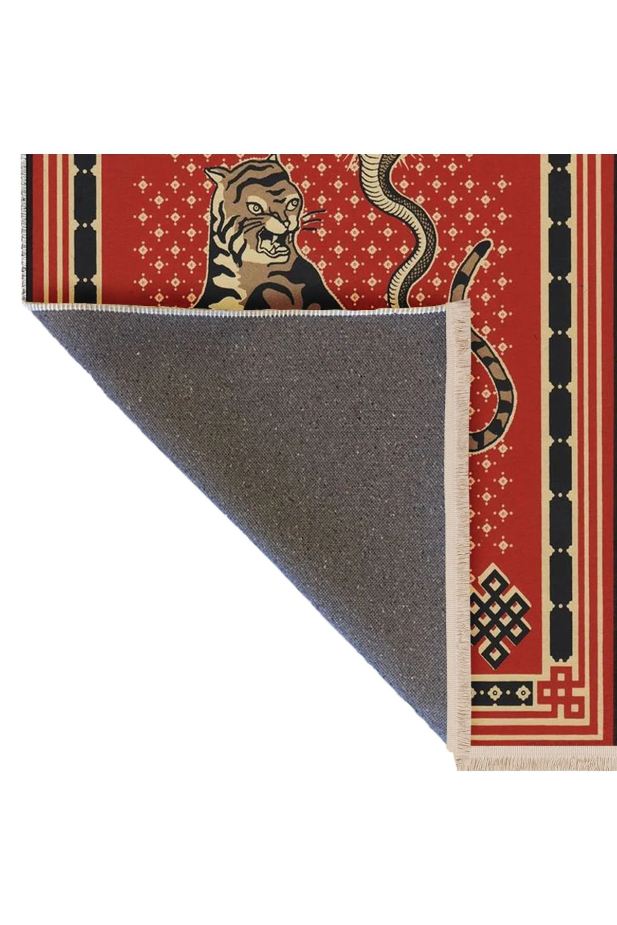 İnci Koleksiyonu Kırmızı TEma Etnik Kaplan Desenli Dokuma Taban Vintage Dekoratif Halı inci30