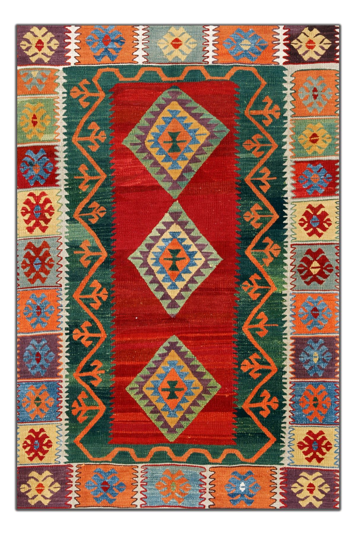 Etnik Kırmızı Yeşil Çok Renkli Kilim Desen Dekoratif Halı 1701