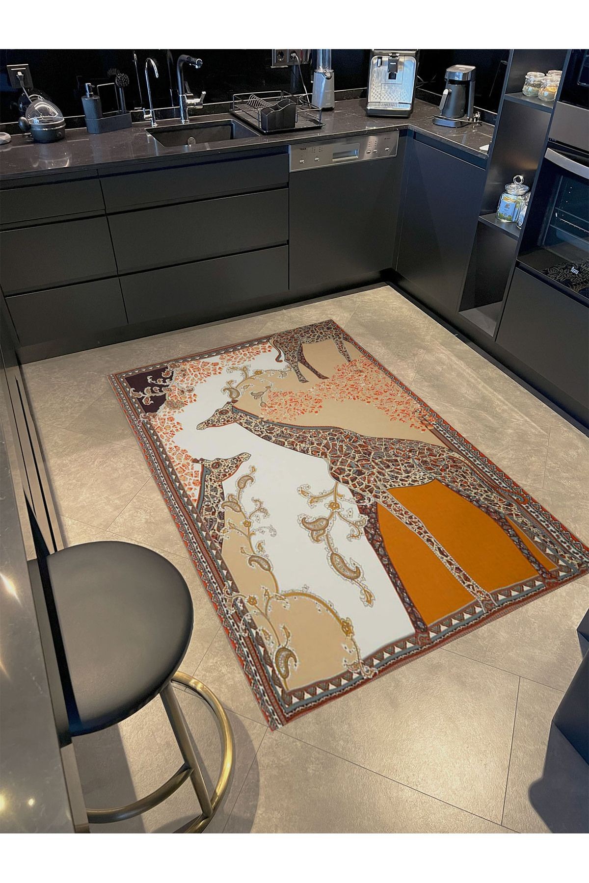 Kubilay Koleksiyonu Bej Temalı Zürafa Desenli Dokuma Taban Kreatif Modern Dekoratif Halı 30