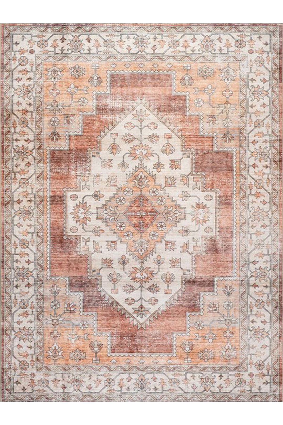 Alya Koleksiyonu Eskitme Görünümlü Turuncu Bej Desenli Dokuma Taban Modern Dekoratif Halı alya30