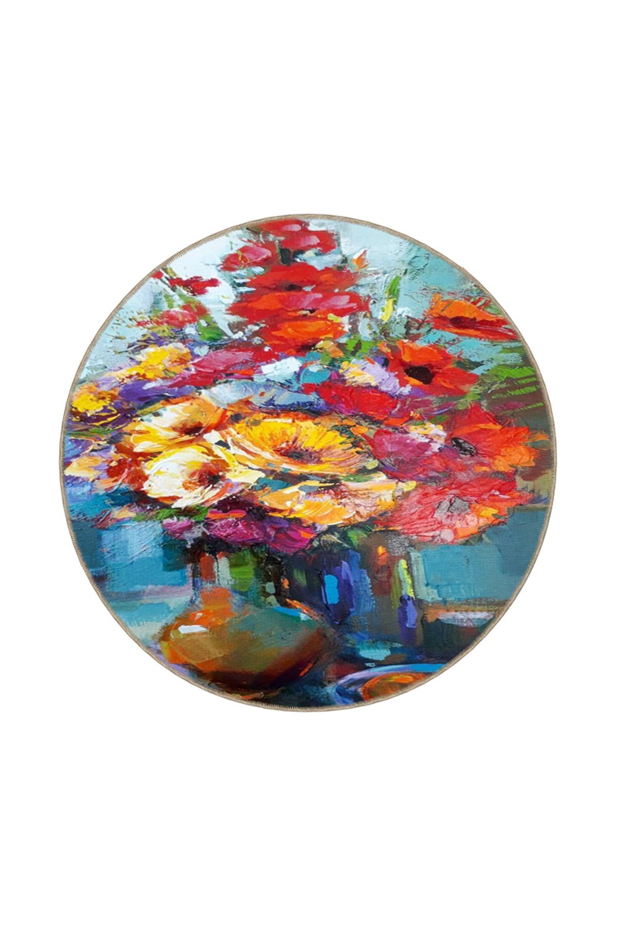 Floral Çiçek Kırmızı Renkli Manzaralı Dekoratif ve Dokuma Taban Yıkanabilir Halı miravip8822
