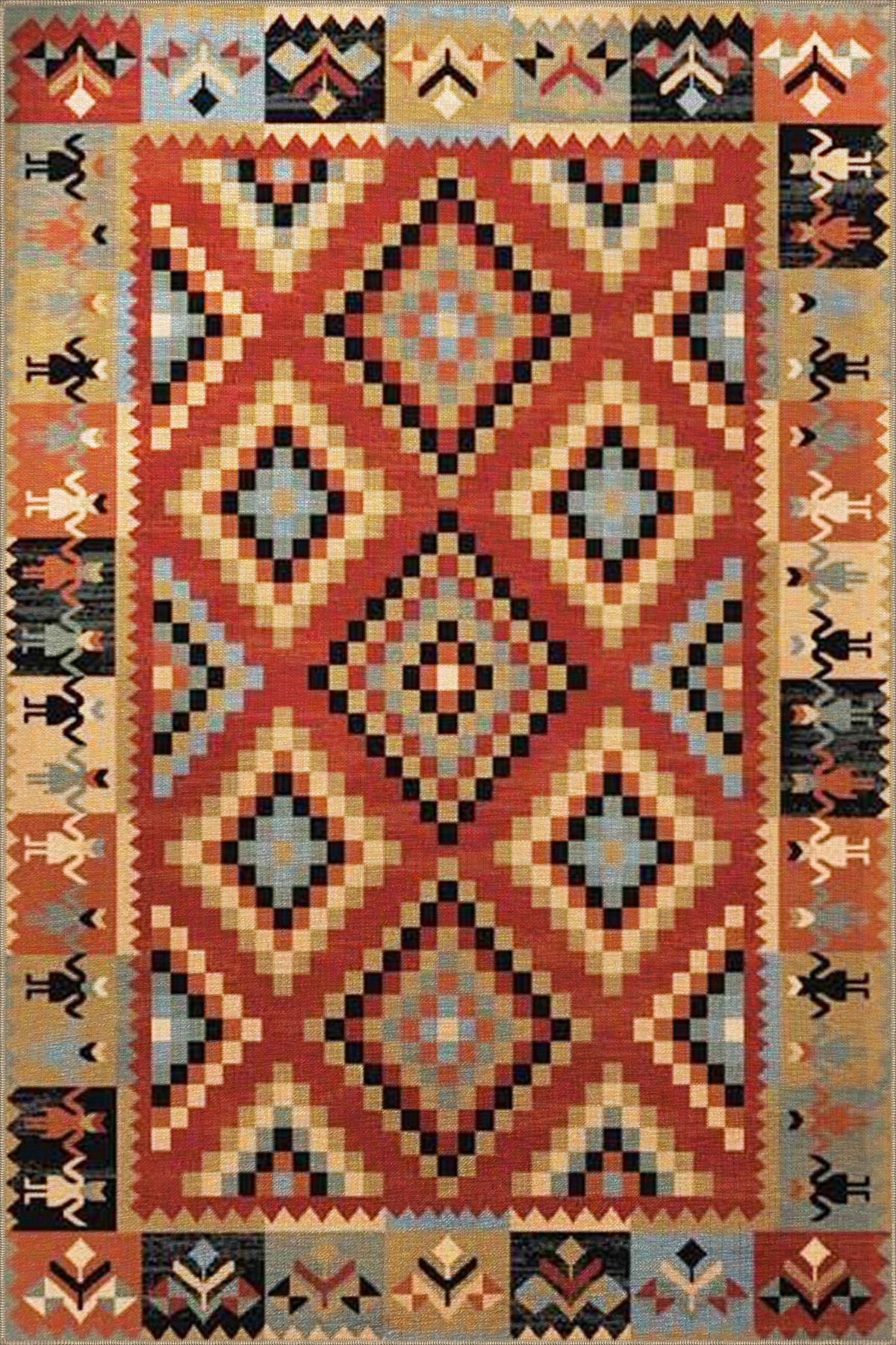 Kahverengi Geometrik Desenli Etnik Dokuma Taban Halı 4266