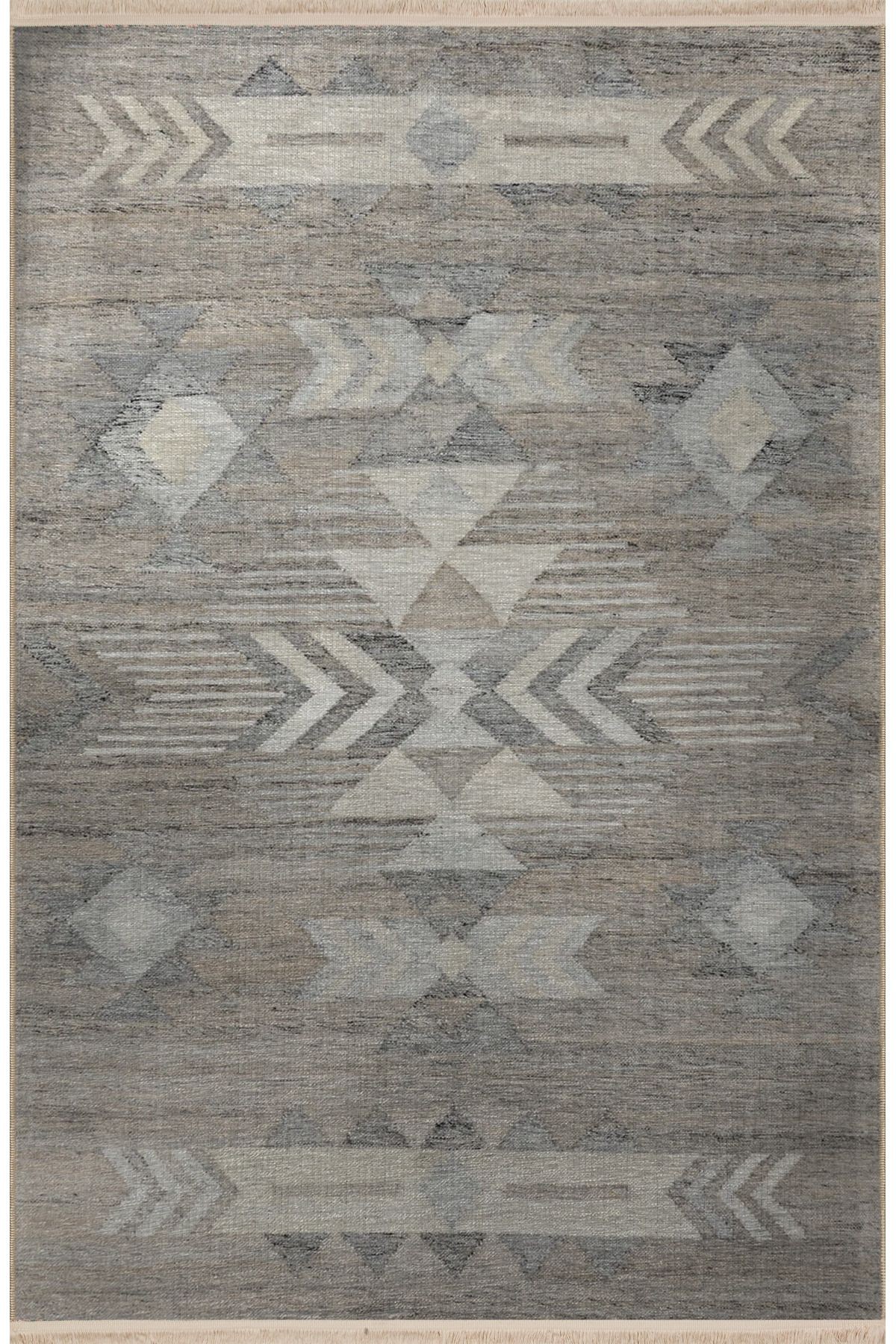 Gri Temalı Geleneksel Motif Desenli Saçaklı Vintage Dekoratif Halı 3135