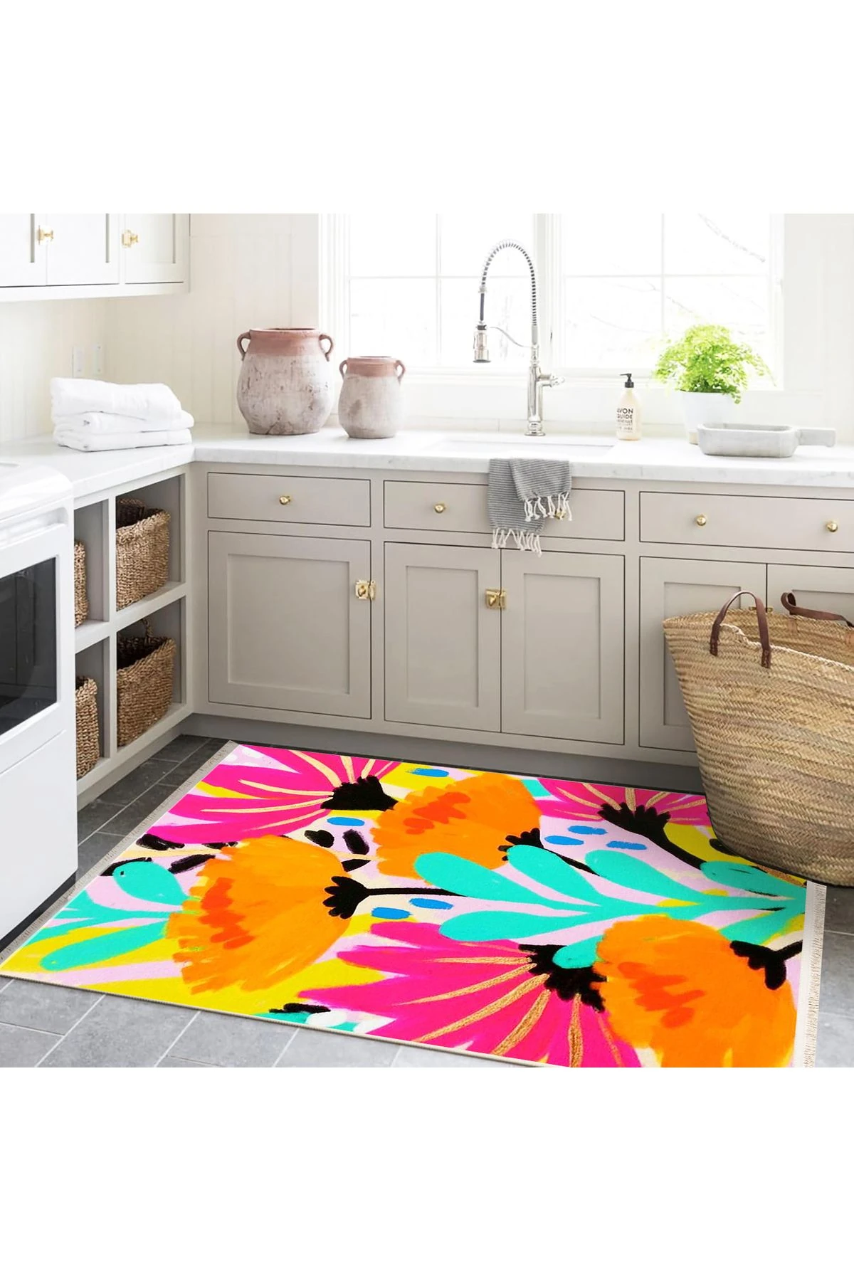 Özge Koleksiyonu Çok Renkli Çiçekler  Desenli Dokuma Taban Modern Dekoratif Halı özge49