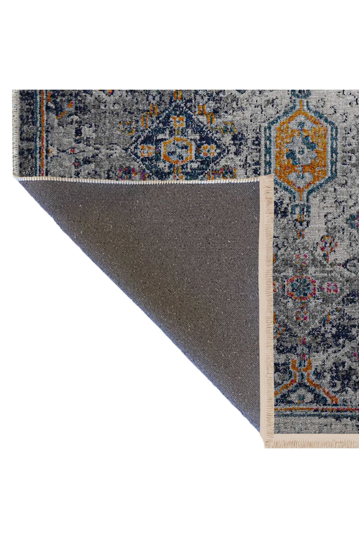 Gri Temalı Geleneksel Motif Desenli Saçaklı Vintage Dekoratif Halı 3092