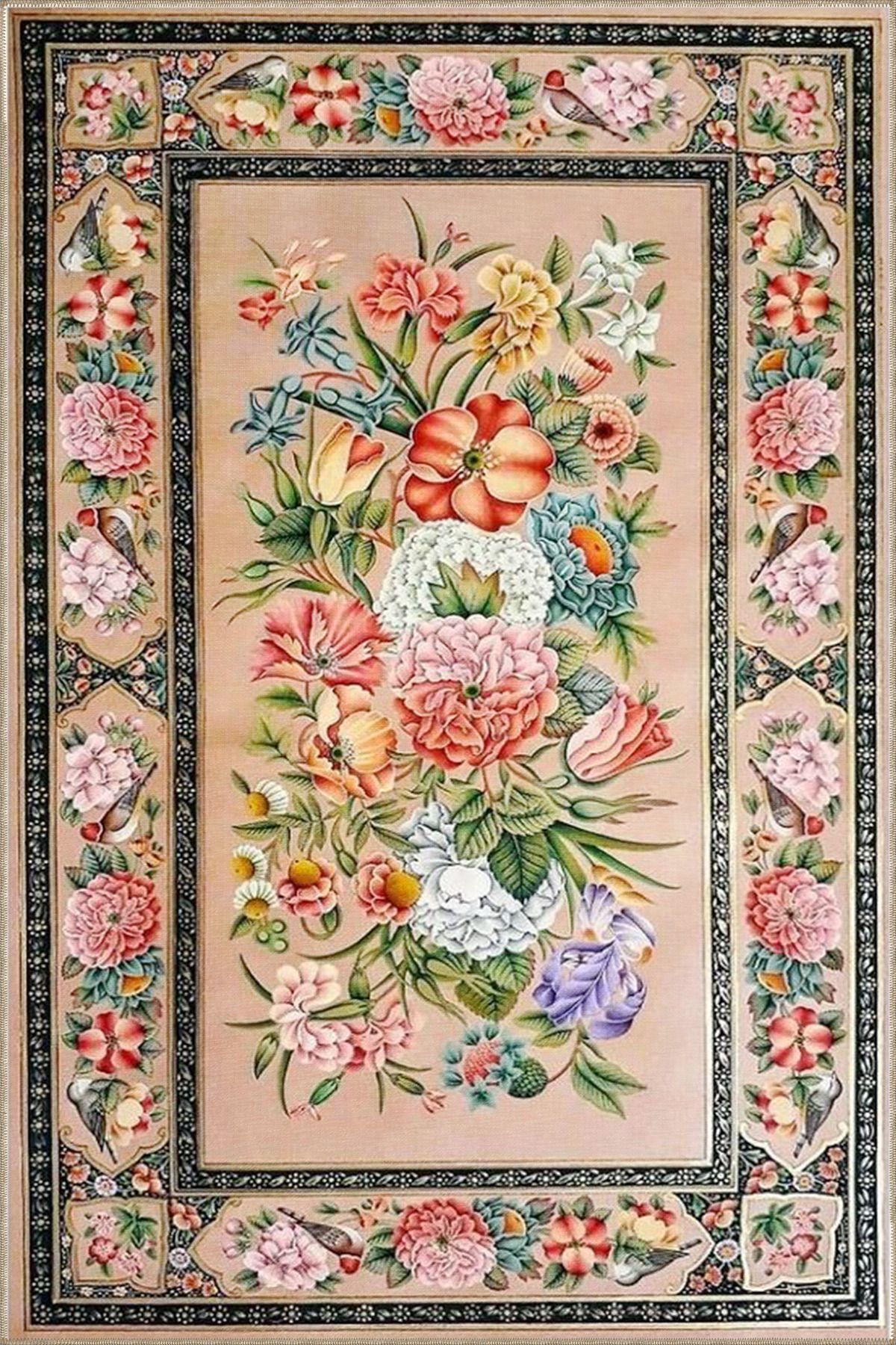 Krem Tonlarında Karışık Renkli Çiçekli Floral Geometrik Modern Dekoratif Halı miravip249