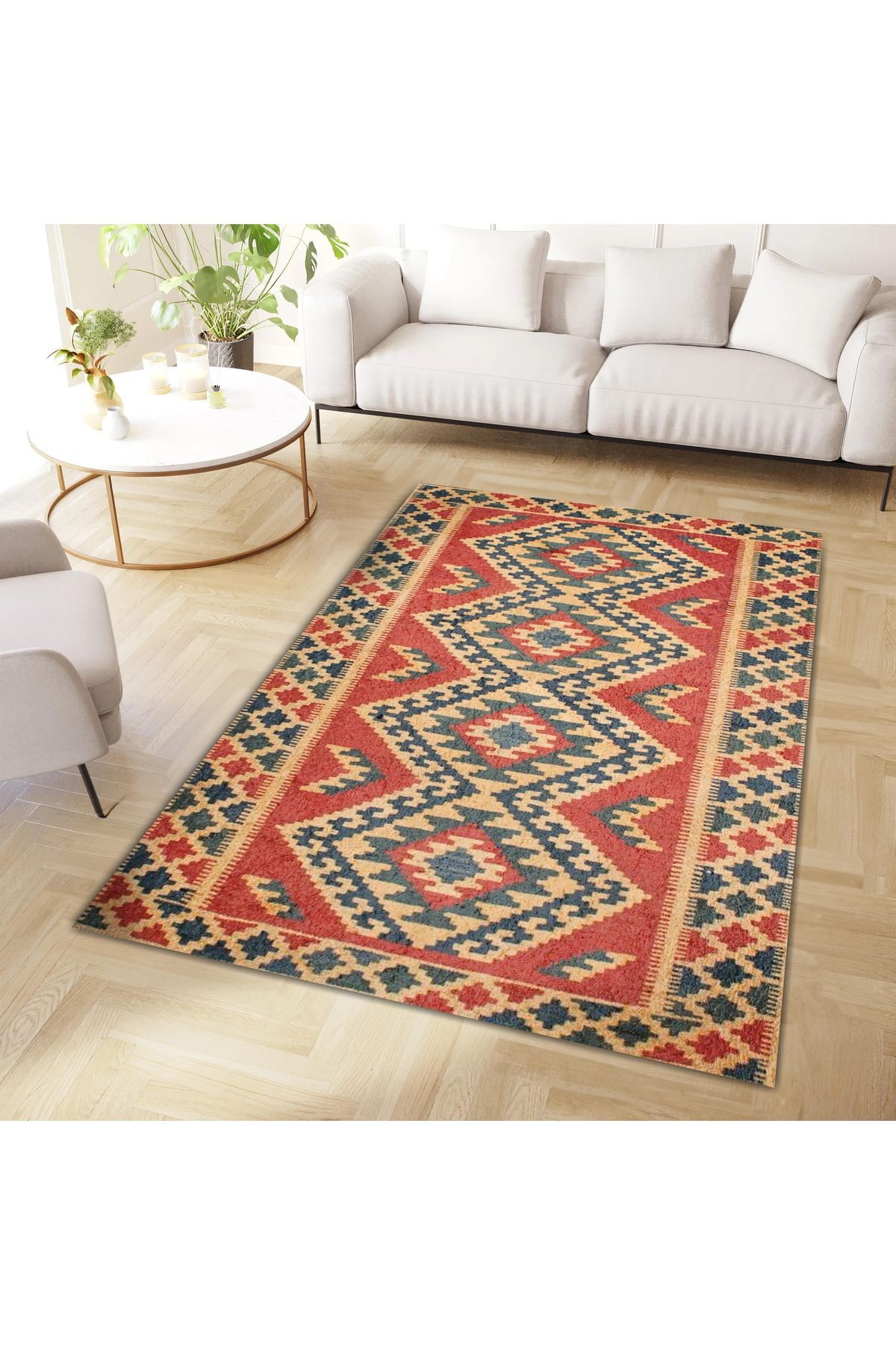 Aysu Koleksiyonu Turuncu Yeşil Etnik Desenli Dokuma Taban Modern Dekoratif Halı aysu27