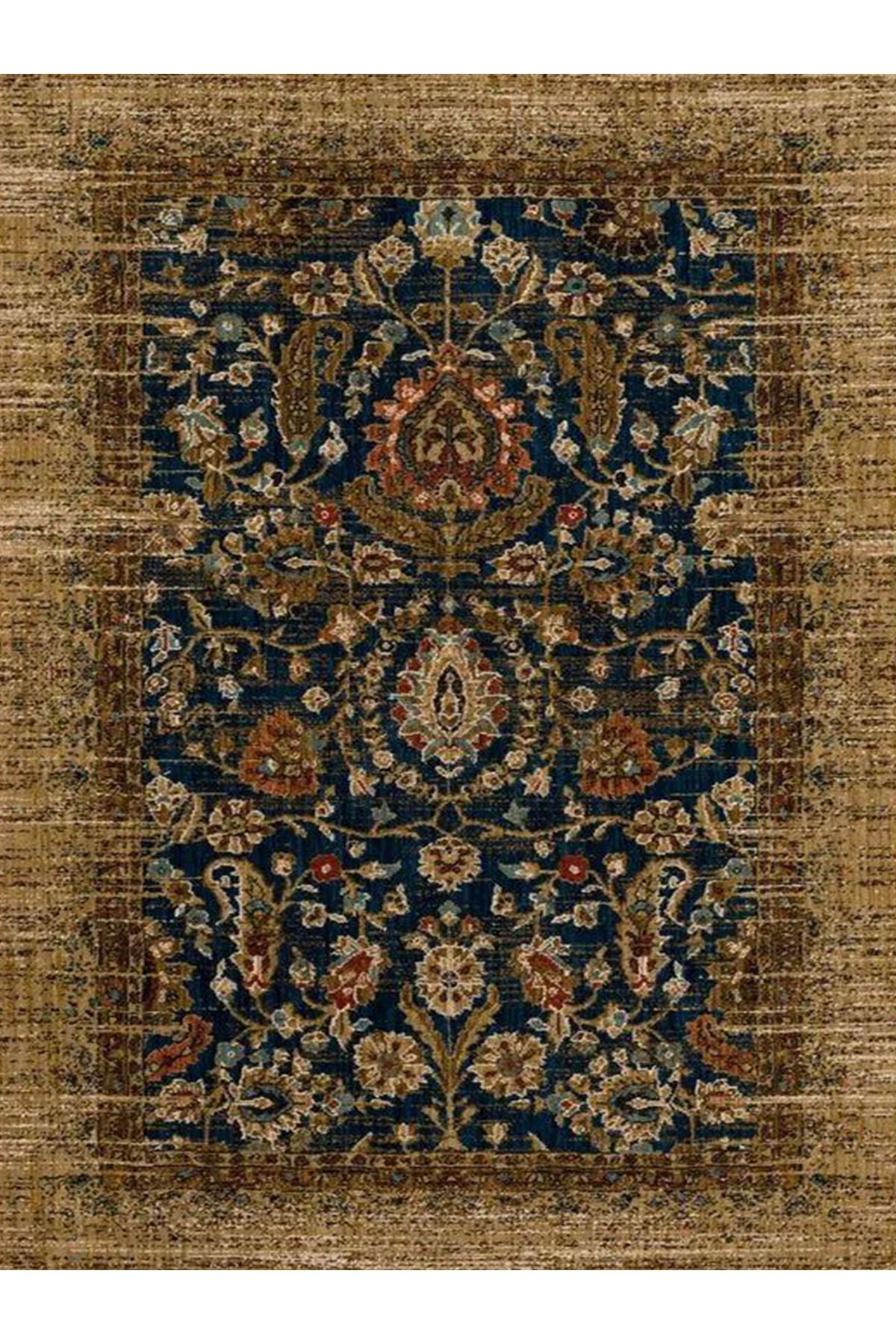 İnci Koleksiyonu Lacivert Tema Çiçekli Geleneksel Desen Dokuma Taban Vintage Dekoratif Halı inci39