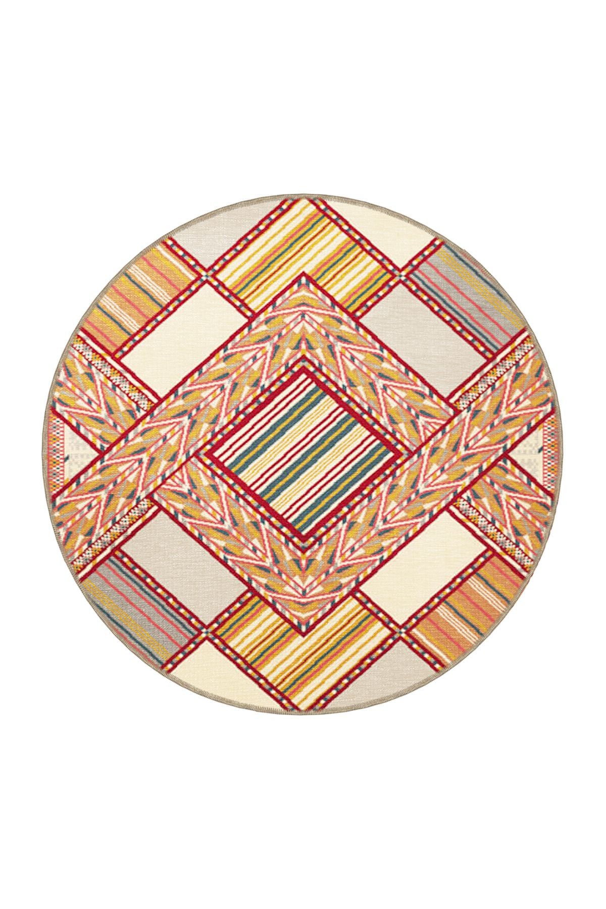 Bej Turuncu Temalı Çiçek Geometrik Desenli Vintage Dekoratif Halı 3425
