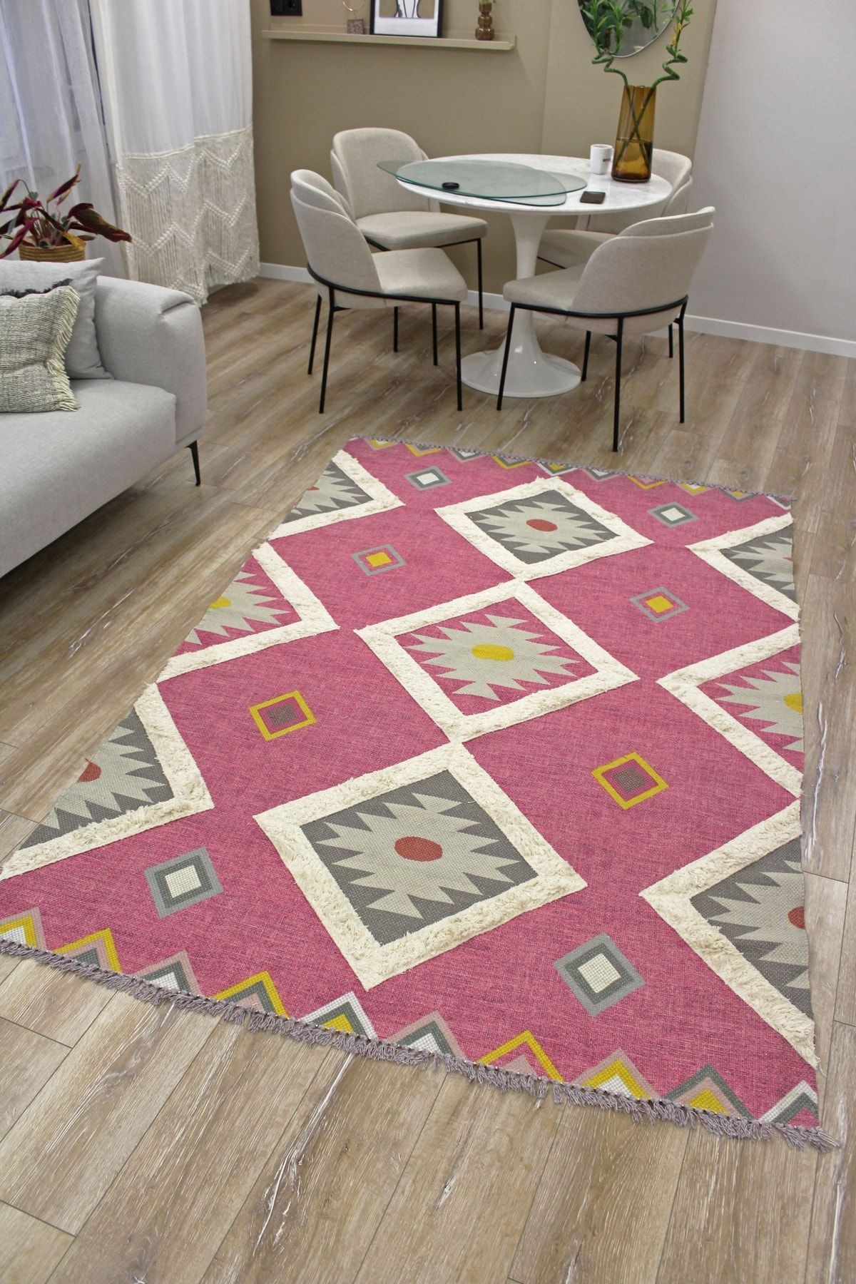 Rustik 4021 Fuşya Iskandinav Geometrik Kilim