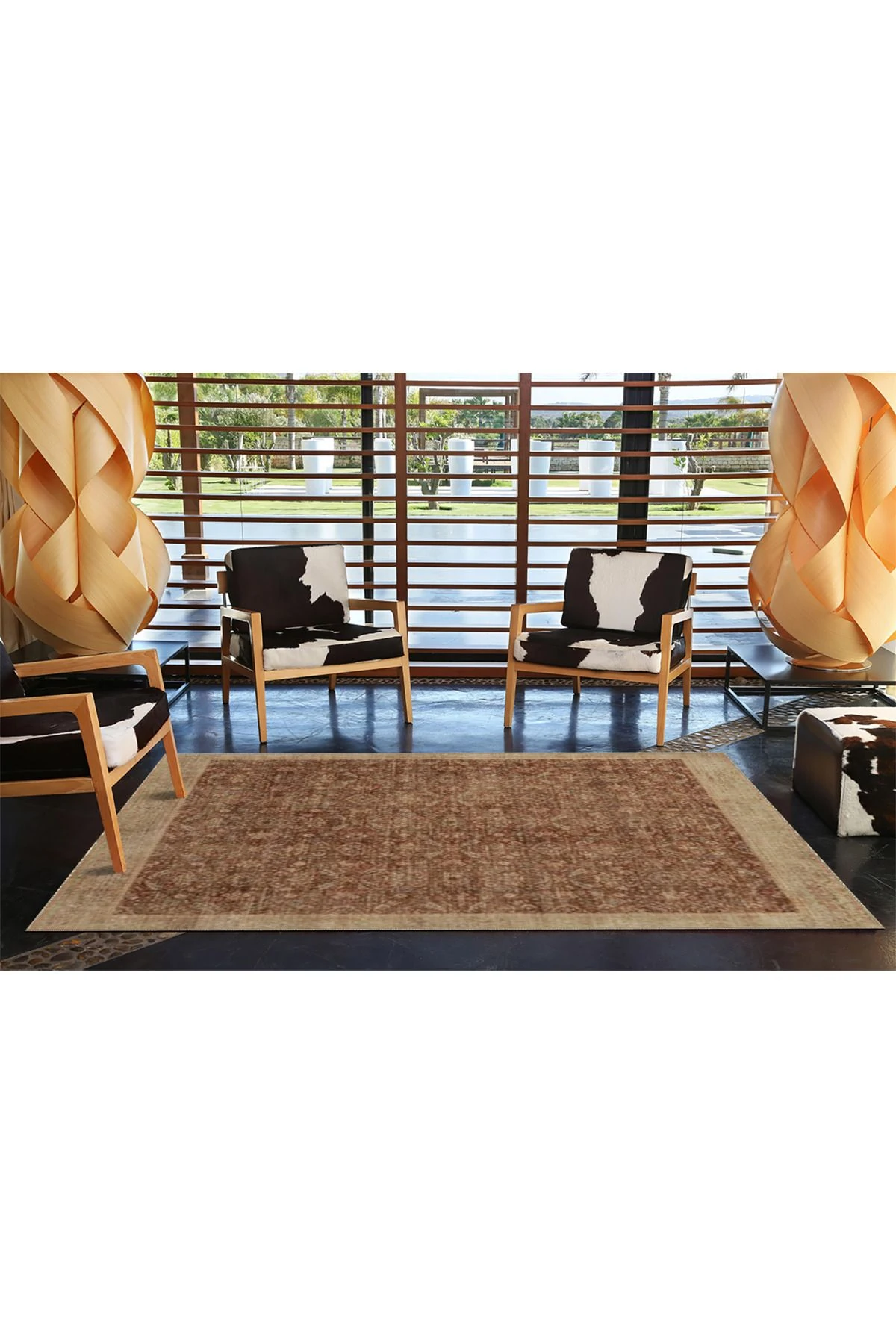 Kahverengi Geometrik Desenli Yıkanabilir Dokuma Taban Halı miravip8083