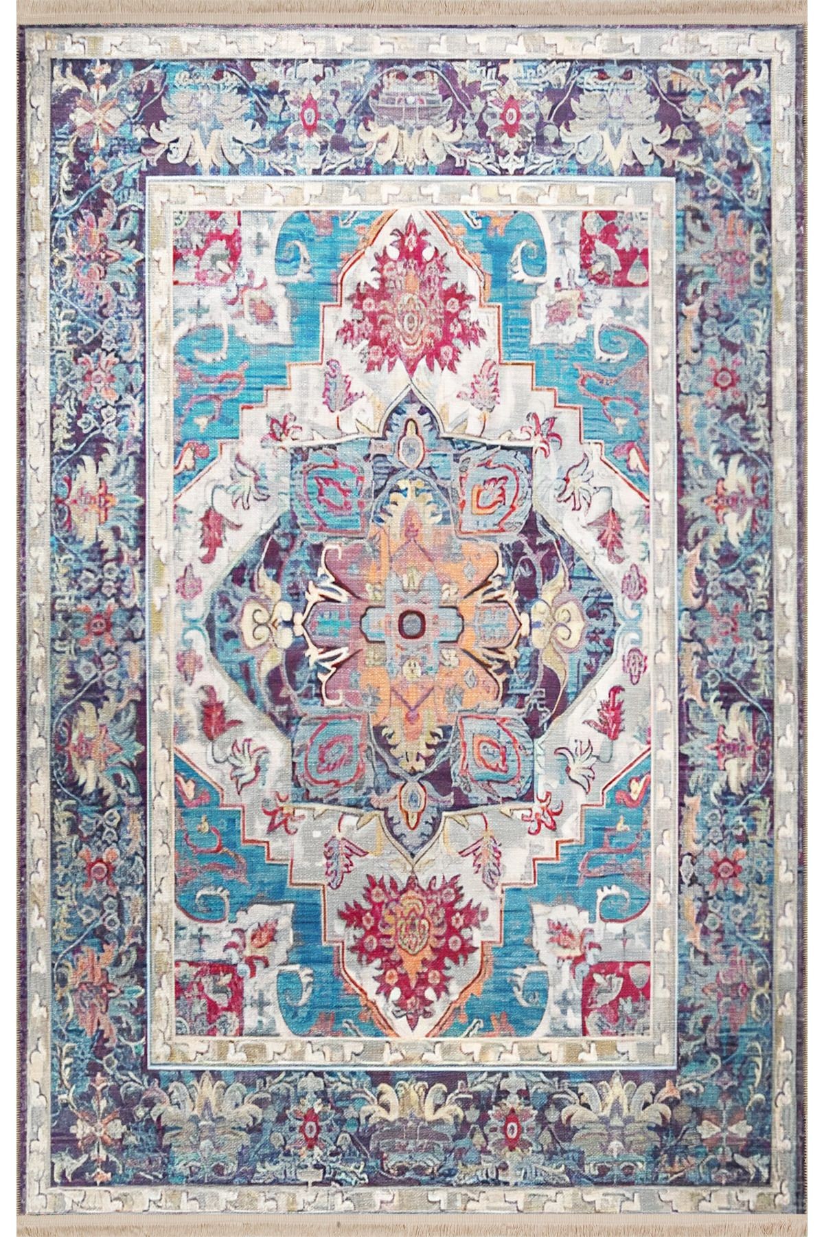Mavi Temalı Çok Renkli Geleneksel Motif Etnik Desenli Kreatif Vintage Dekoratif Halı 2041