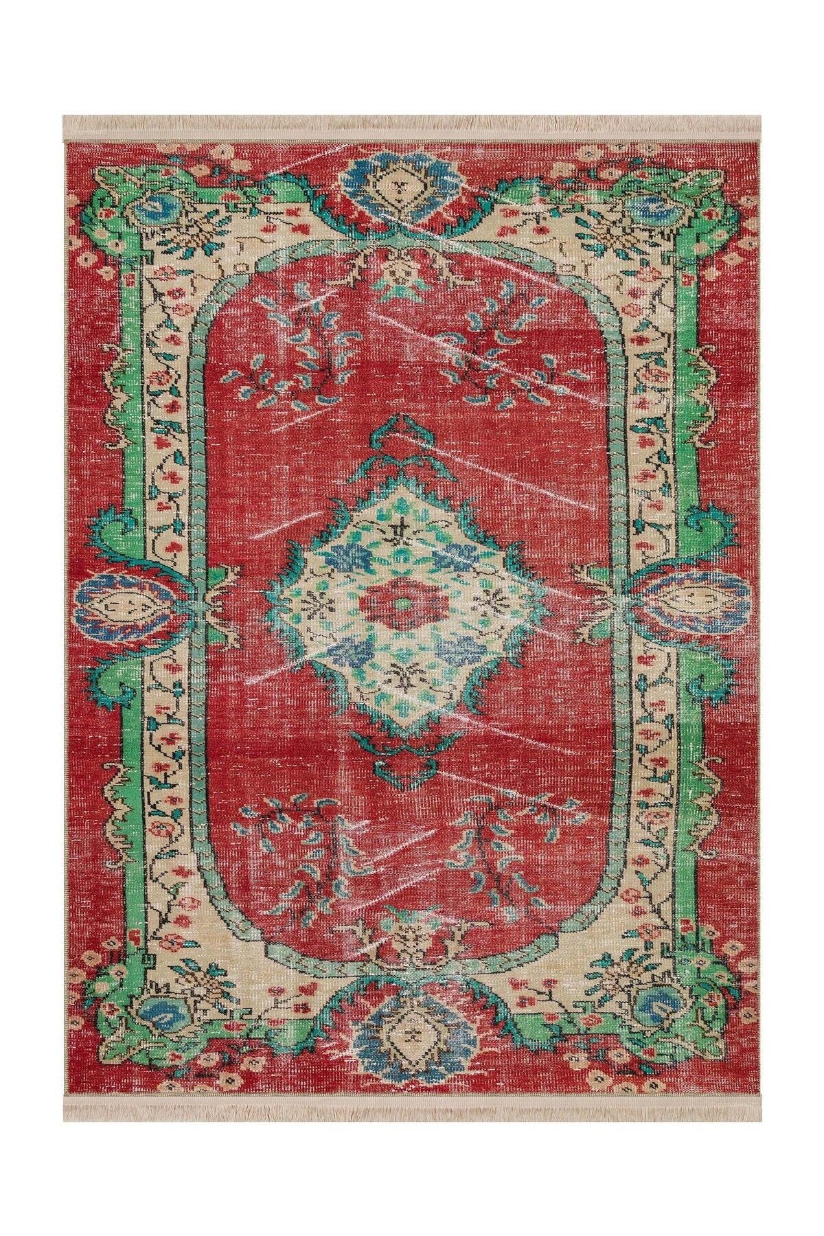 Memlük Koleksiyonu Kırmızı Yeşil Temalı Etnik Vintage Desenli Dokuma Taban Dekoratif Halı memlük09