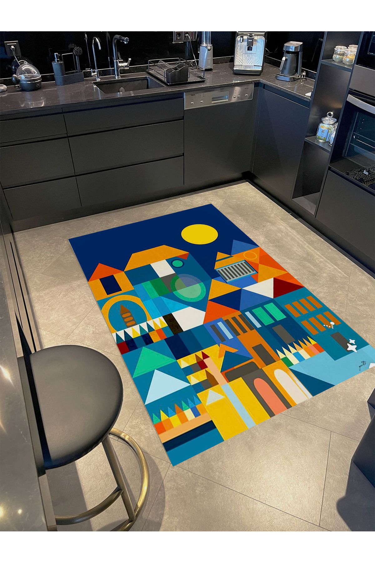 Güneş Koleksiyonu Çok Renkli Evler Desenli Dokuma Taban Modern Dekoratif Halı güneş04