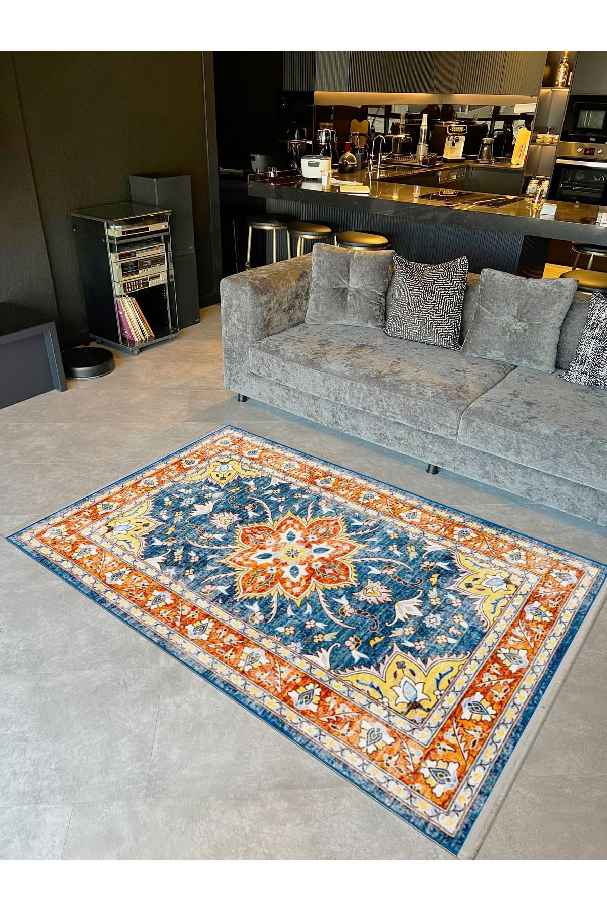 Alya Koleksiyonu Eskitme Görünümlü Mavi Turuncu Etnik Desenli Dokuma Taban Dekoratif Halı alya42