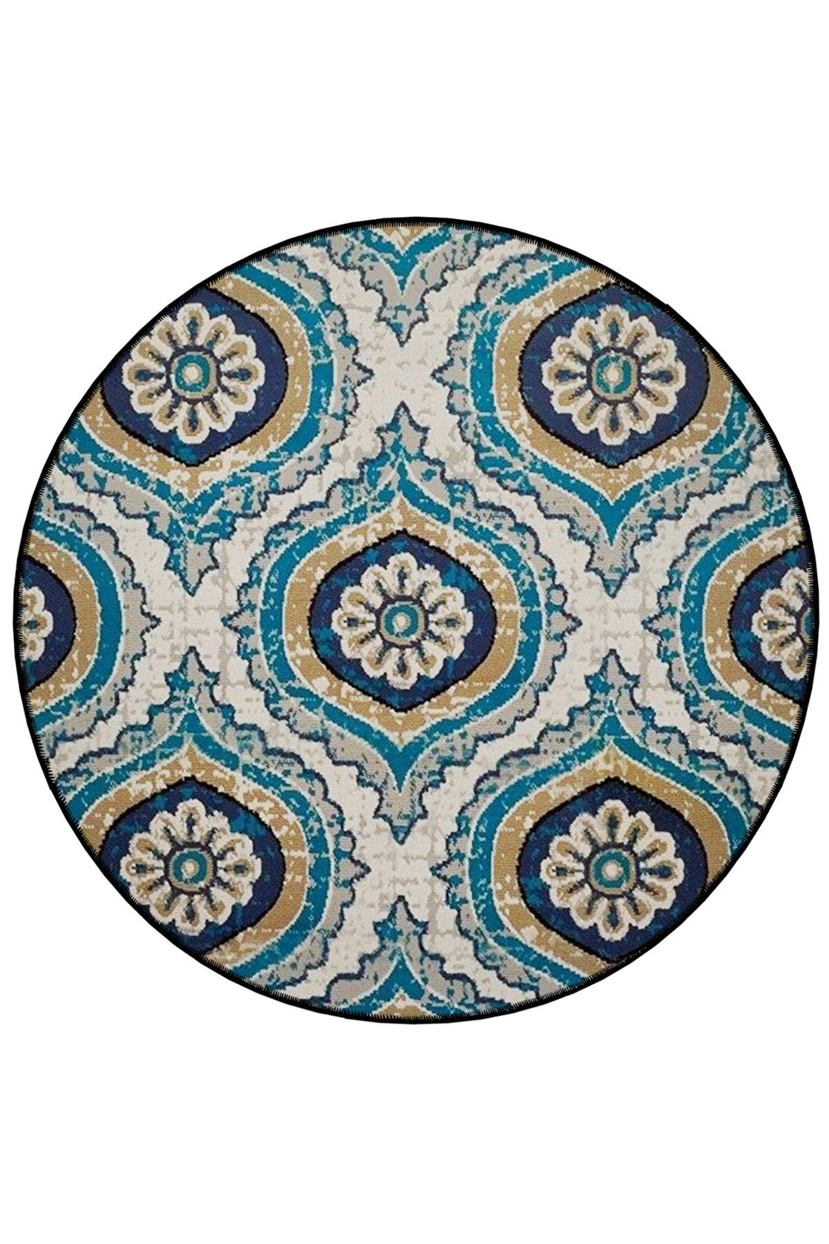 Mavi Gri Ton Geleneksel Desenli Yuvarlak Dokuma Taban Vintage Dekoratif Halı 6087