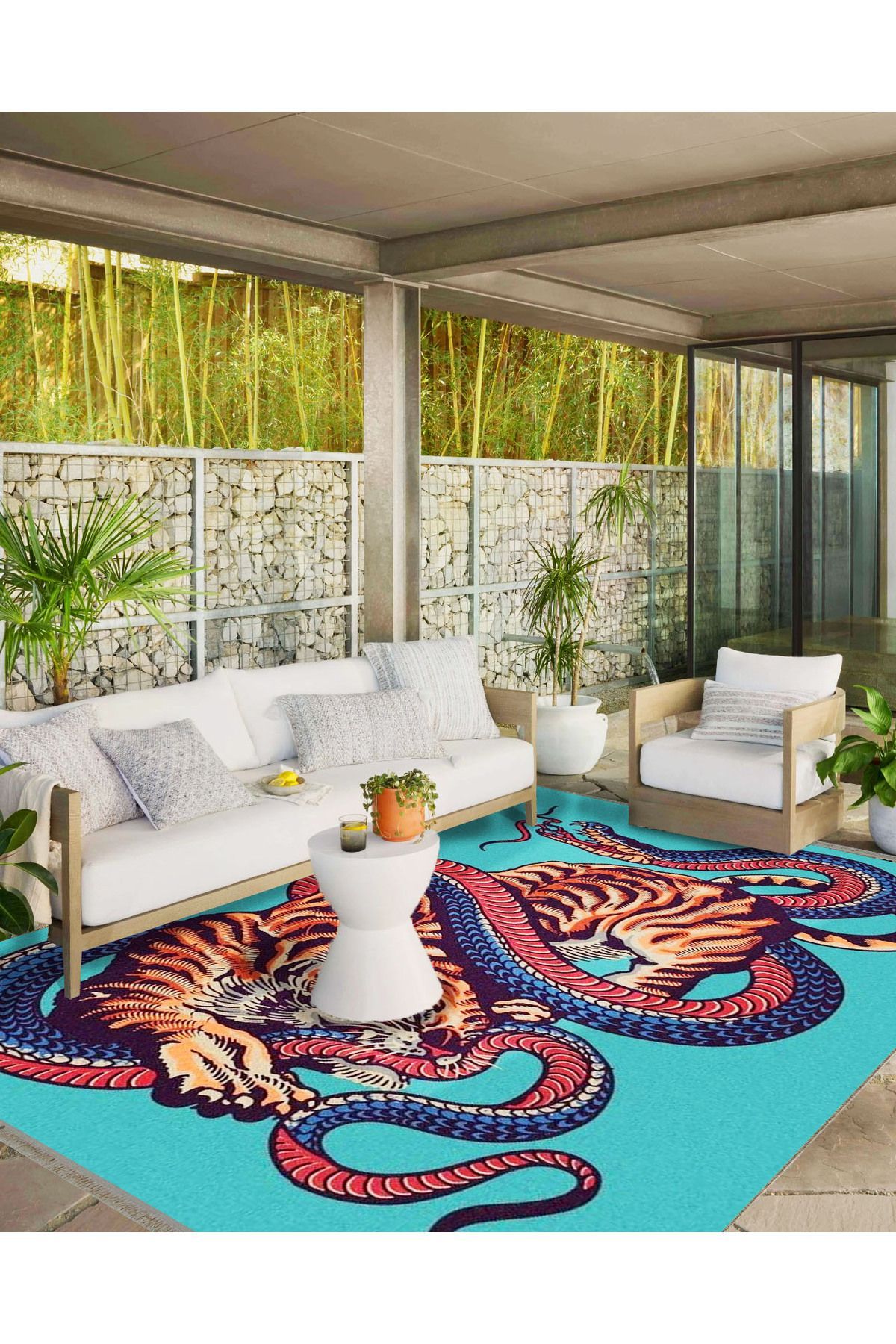 İnci Koleksiyonu Mavi Tema Kaplan ve Yılan Desenli Dokuma Taban Modern Dekoratif Halı inci18