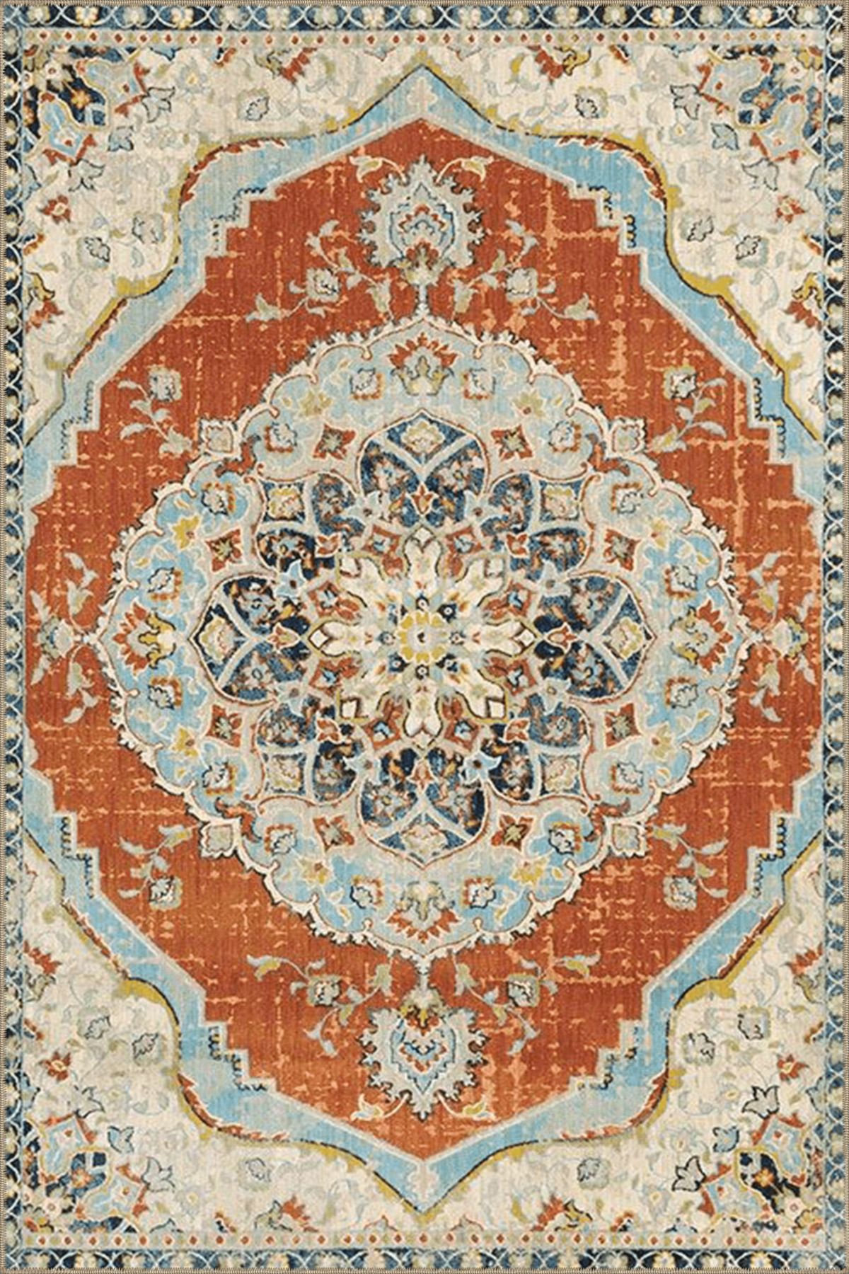 Gök Mavisi Turuncu Temalı Geleneksel Motif Çiçek Desenli Vintage Dekoratif Halı 3931