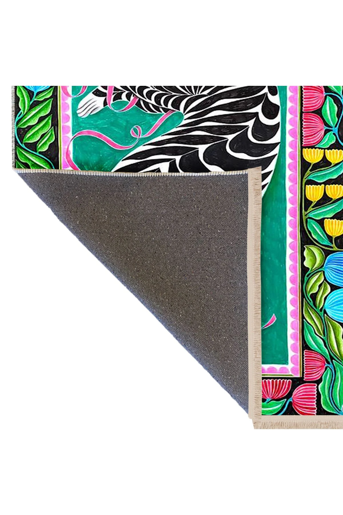 Özge Koleksiyonu Yeşil Pembe Temalı Vahşi Hayvan Desenli Dokuma Taban Dekoratif Halı özge50