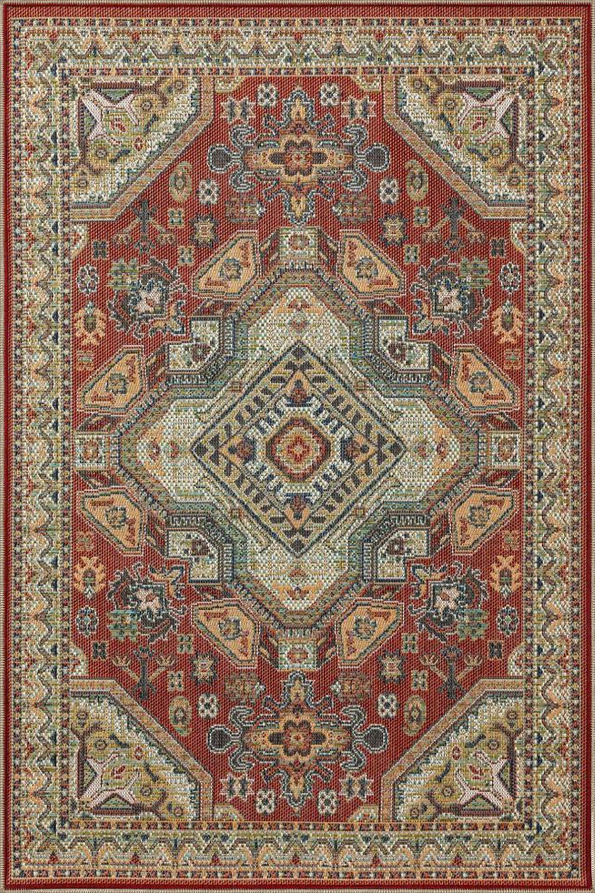 Kırmızı Geometrik Desenli Dokuma Taban Halı ve Yıkanabilir Halı aloha128