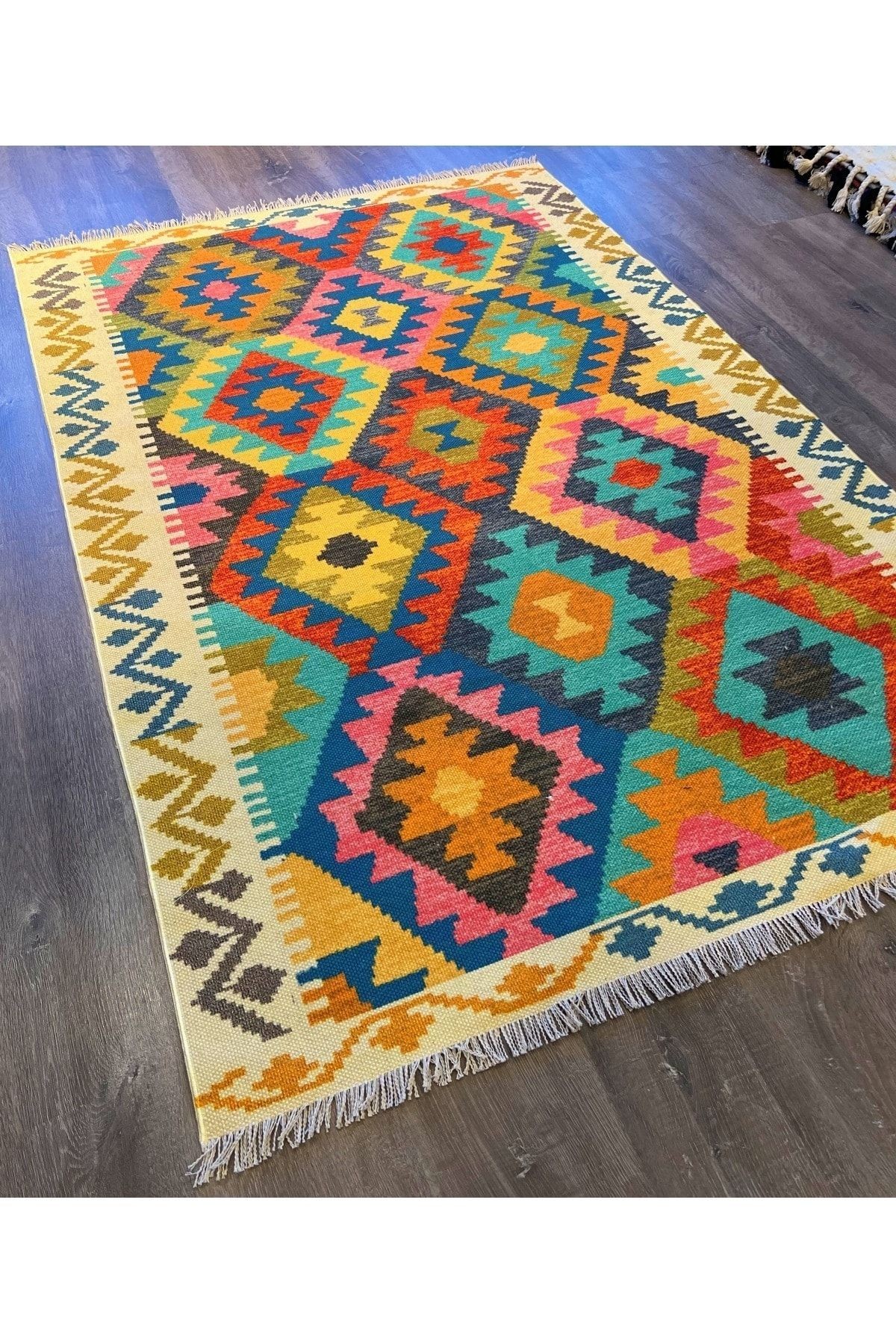 Cotton 562 Etnik Eskitme Desenli Pastel Tonlarda Dokuma Taban Kilim