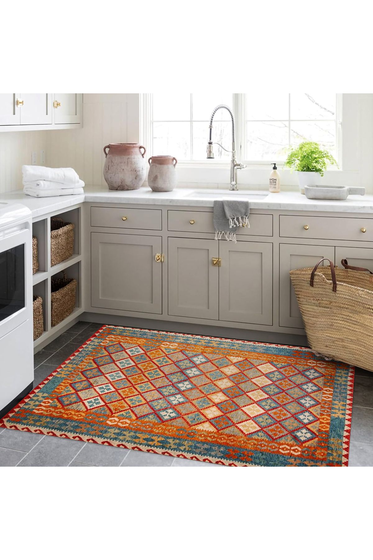 Aysu Koleksiyonu Turuncu Detaylı Etnik Desenli Dokuma Taban Modern Dekoratif Halı aysu23