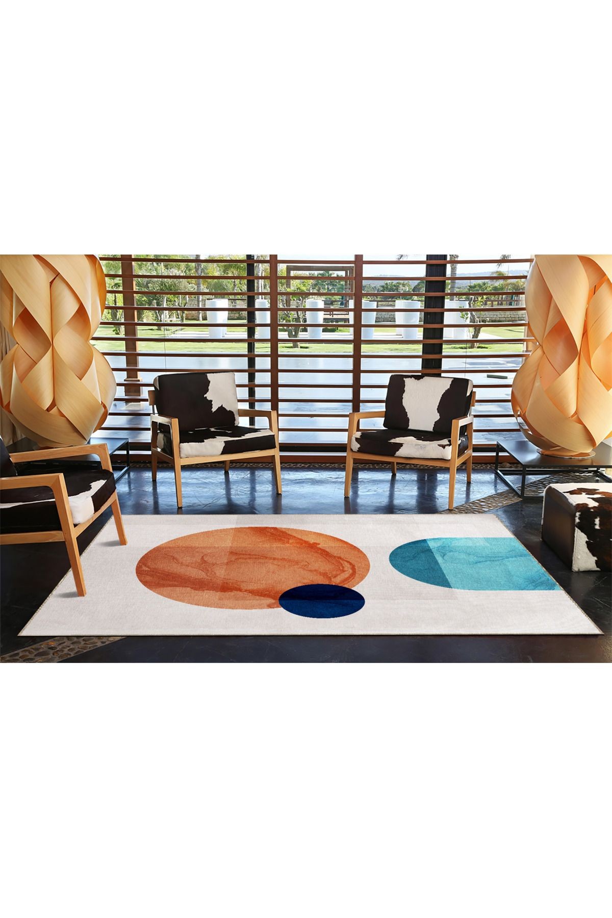Turuncu Mavi Temalı Soyut Desenli Modern Dekoratif Halı 3479
