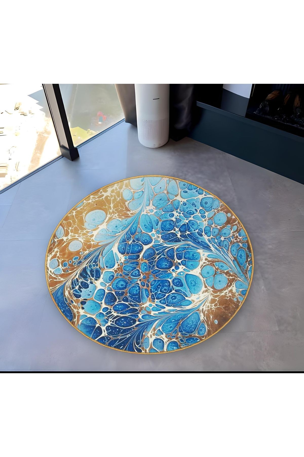 Mavi Temalı Soyut Ebruli Sanatı Desenli Yuvarlak Dokuma Taban Modern Dekoratif Halı 6088