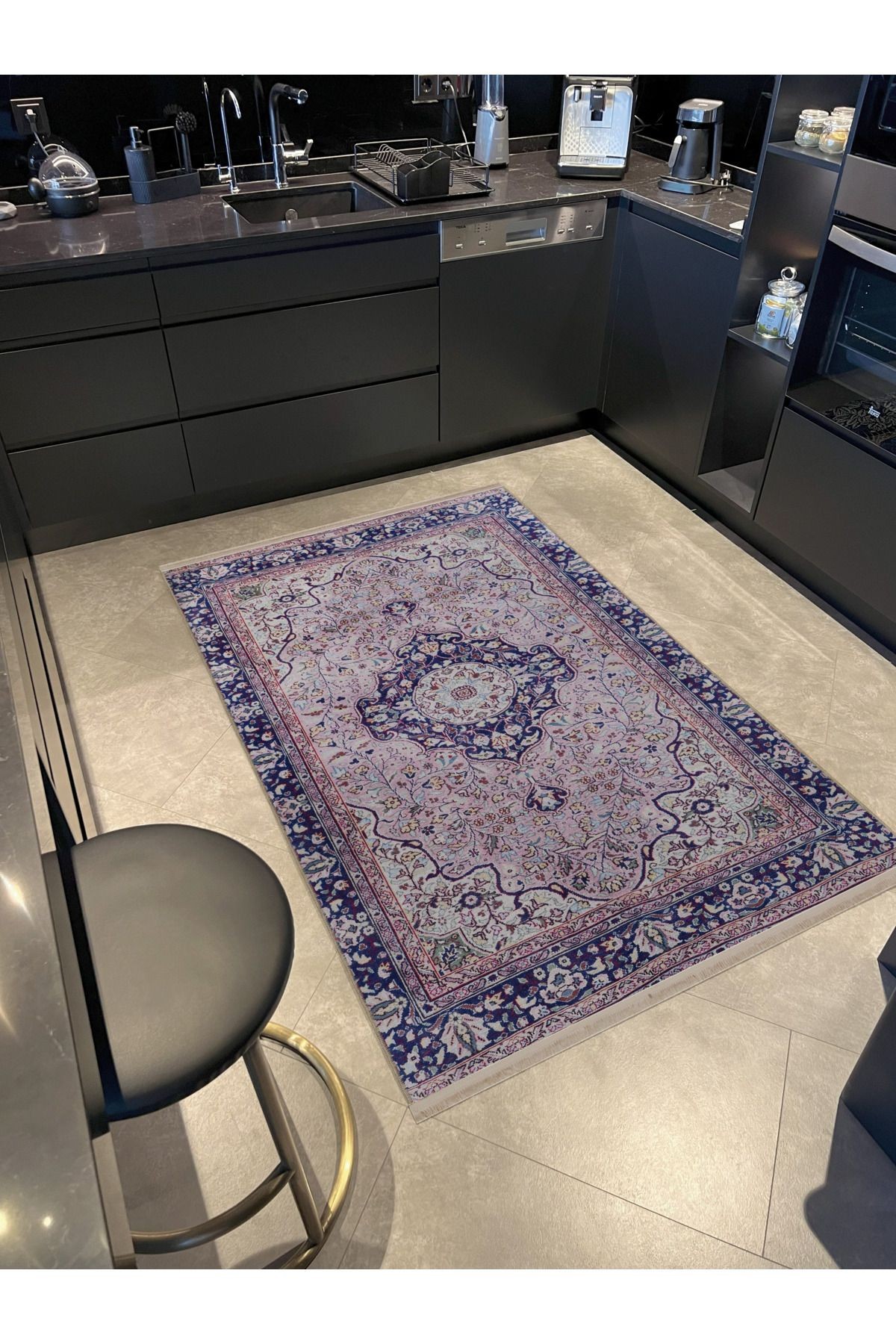 Pudra Lacivert Temalı Geleneksel Motif Etnik Desenli Kreatif Vintage Dekoratif Halı 2465