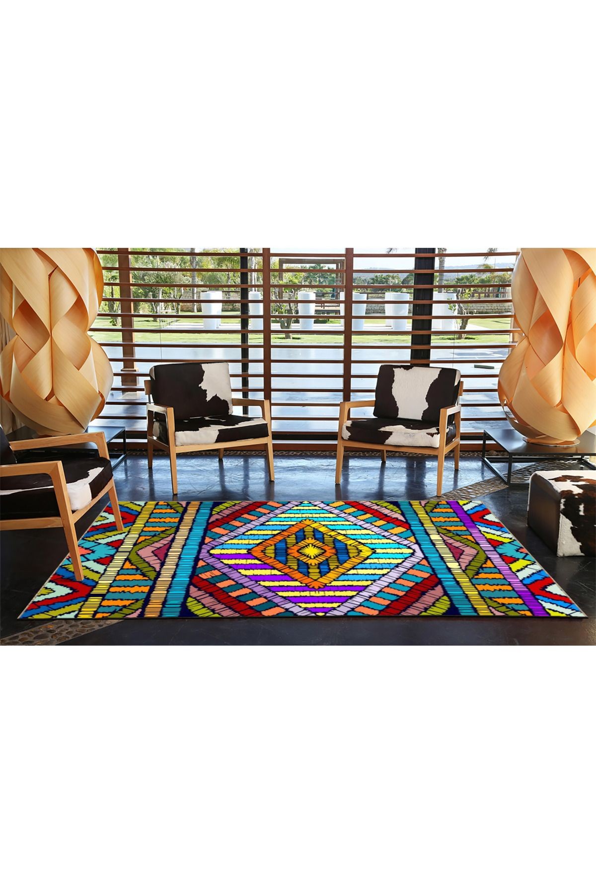 Çok Renkli Çizgili Geometrik Desenli Modern Dekoratif Halı 4704