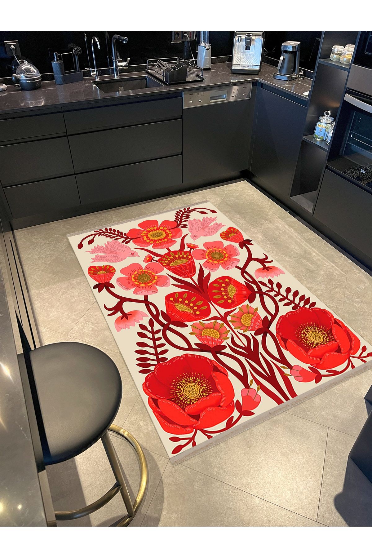 Barcelona Koleksiyonu Kırmızı Tonlarda Floral Gül Desenli Modern Dekoratif Halı 13