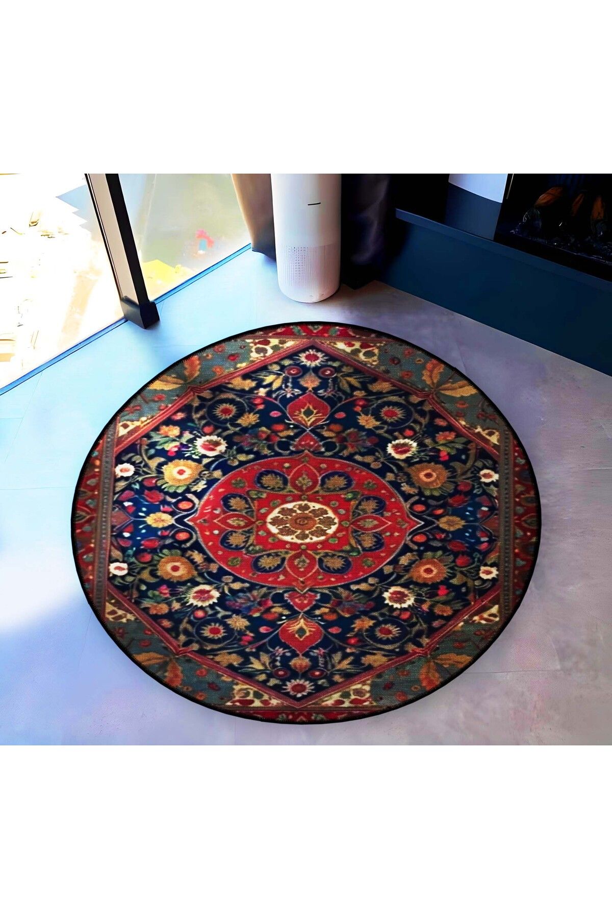 Lacivert Bordo Temalı Geleneksel Desenli Yuvarlak Dokuma Taban Vintage Dekoratif Halı 6214