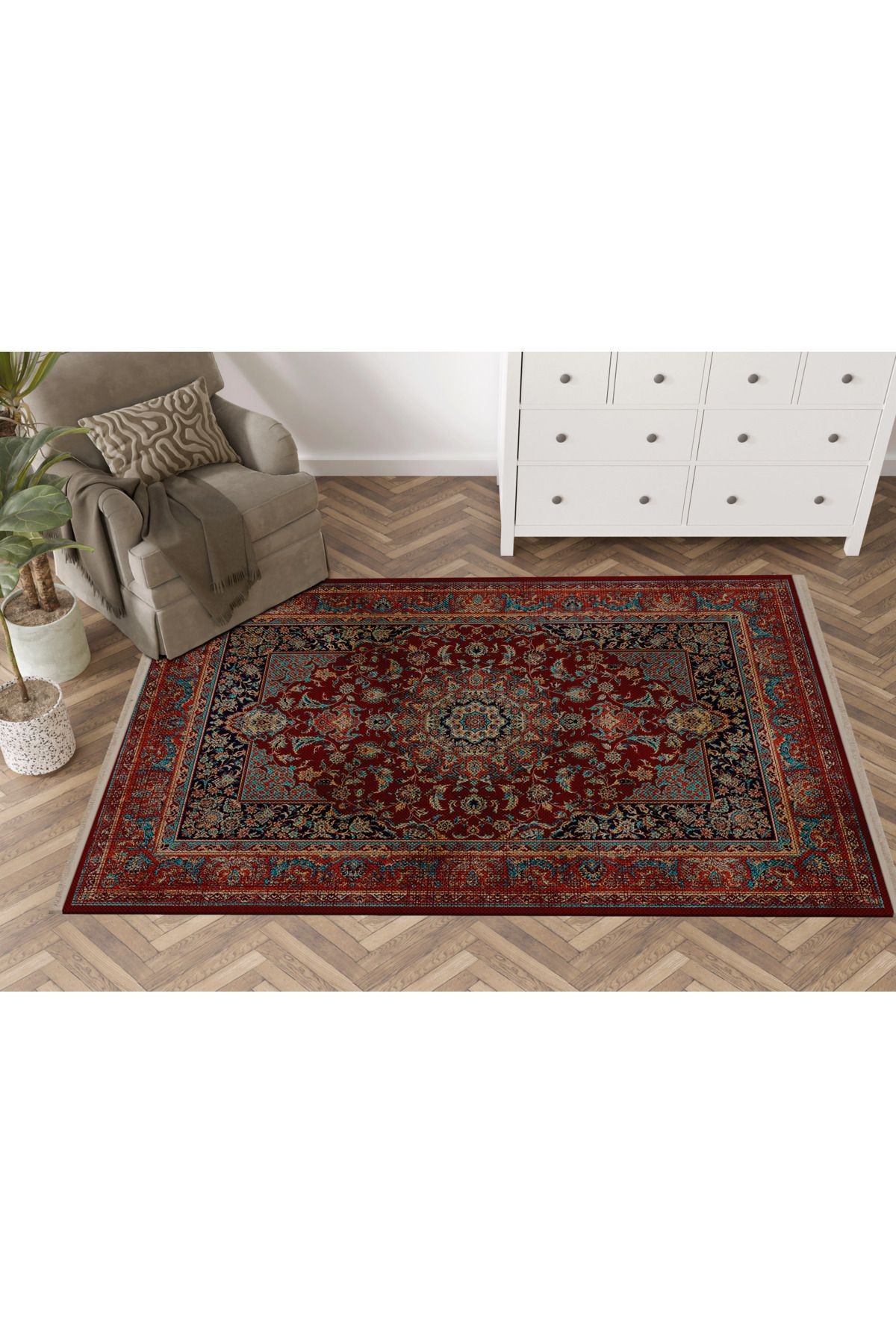 Mira Bordo Temalı Çok Renkli Geleneksel Motif Etnik Desenli Vintage Dekoratif Halı Mira 1605