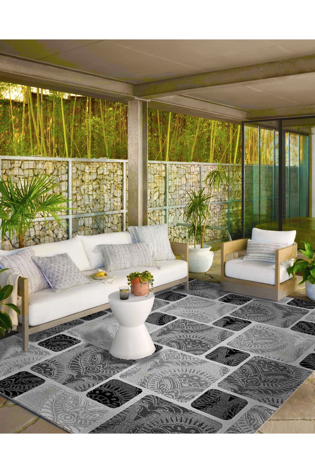 Siyah Beyaz Kareli Geometrik Temalı Dokuma Taban Halı ve Yıkanabilir Halı miravip9824