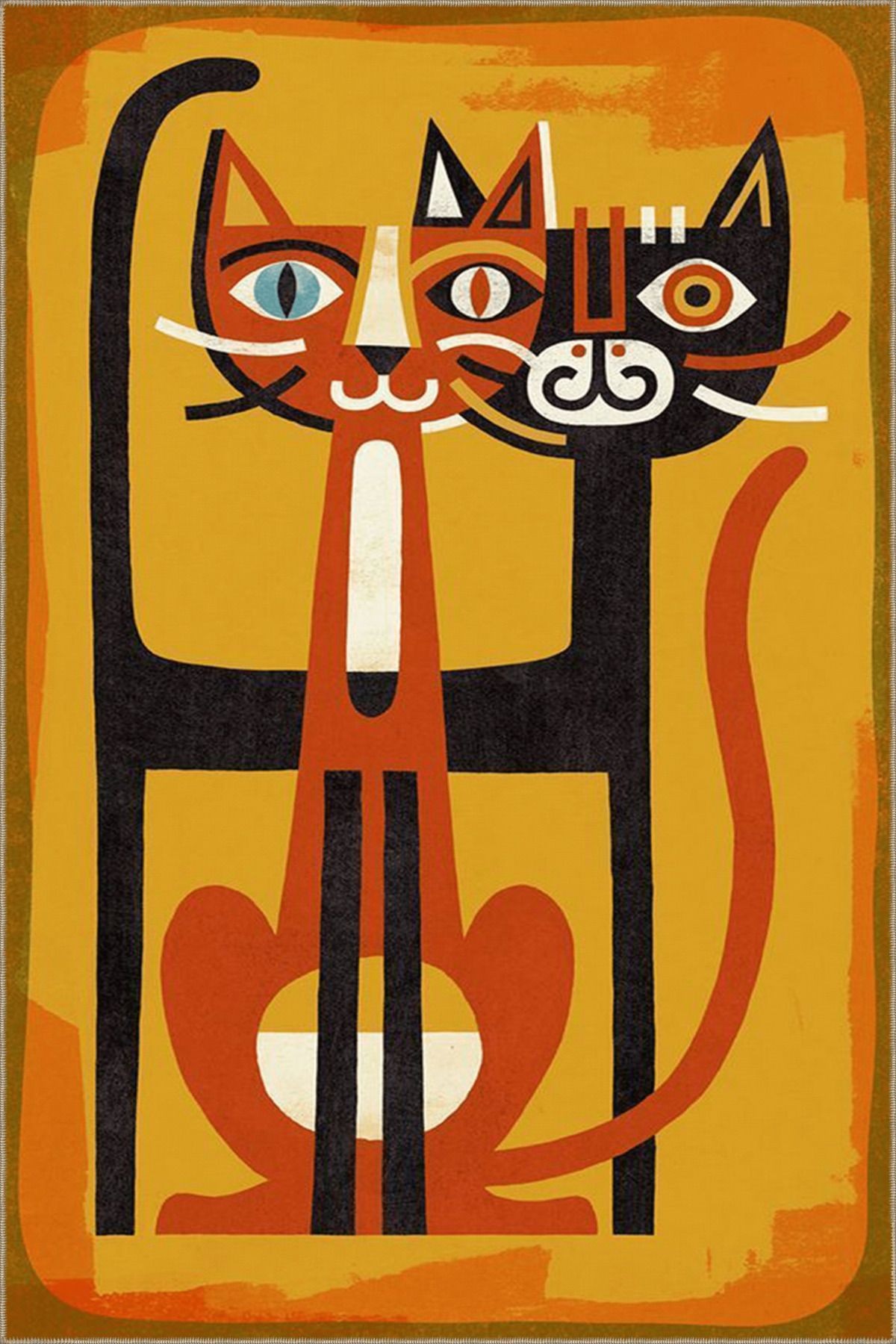 Sarı Temalı Soyut Kedi Desenli Kreatif Modern Dekoratif Halı 3610