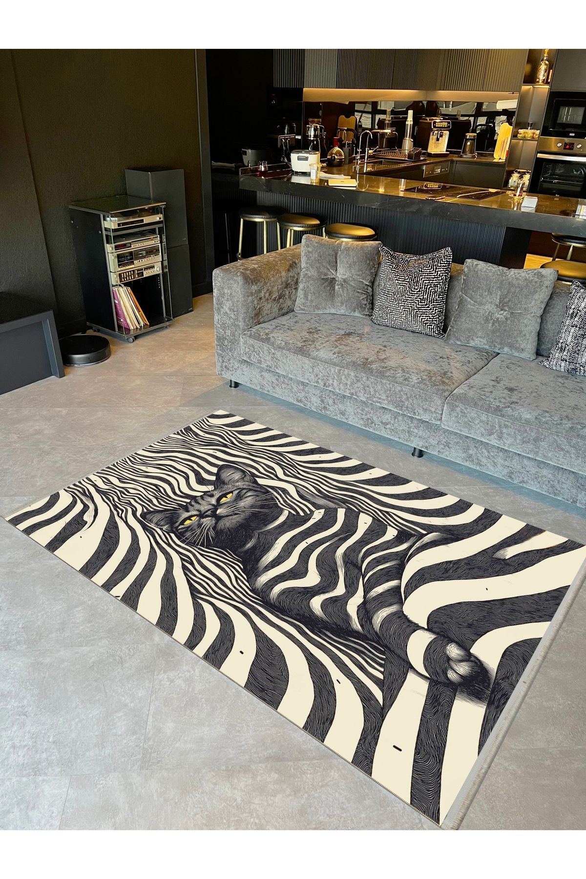 Efe Koleksiyonu Zebra Çizgiler Detaylı Asil Kedi Desenli Dokuma Taban Modern Dekoratif Halı 11