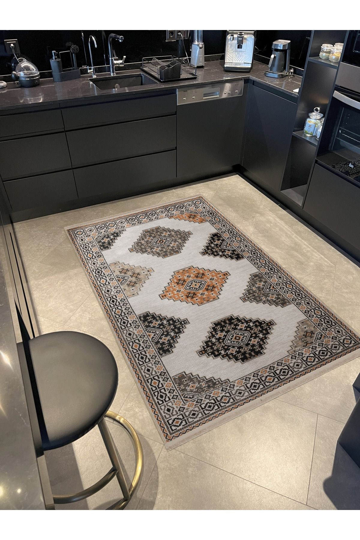 Gri Temalı Çok Renkli Geleneksel Motif Desenli Kreatif Vintage Dekoratif Halı 2850